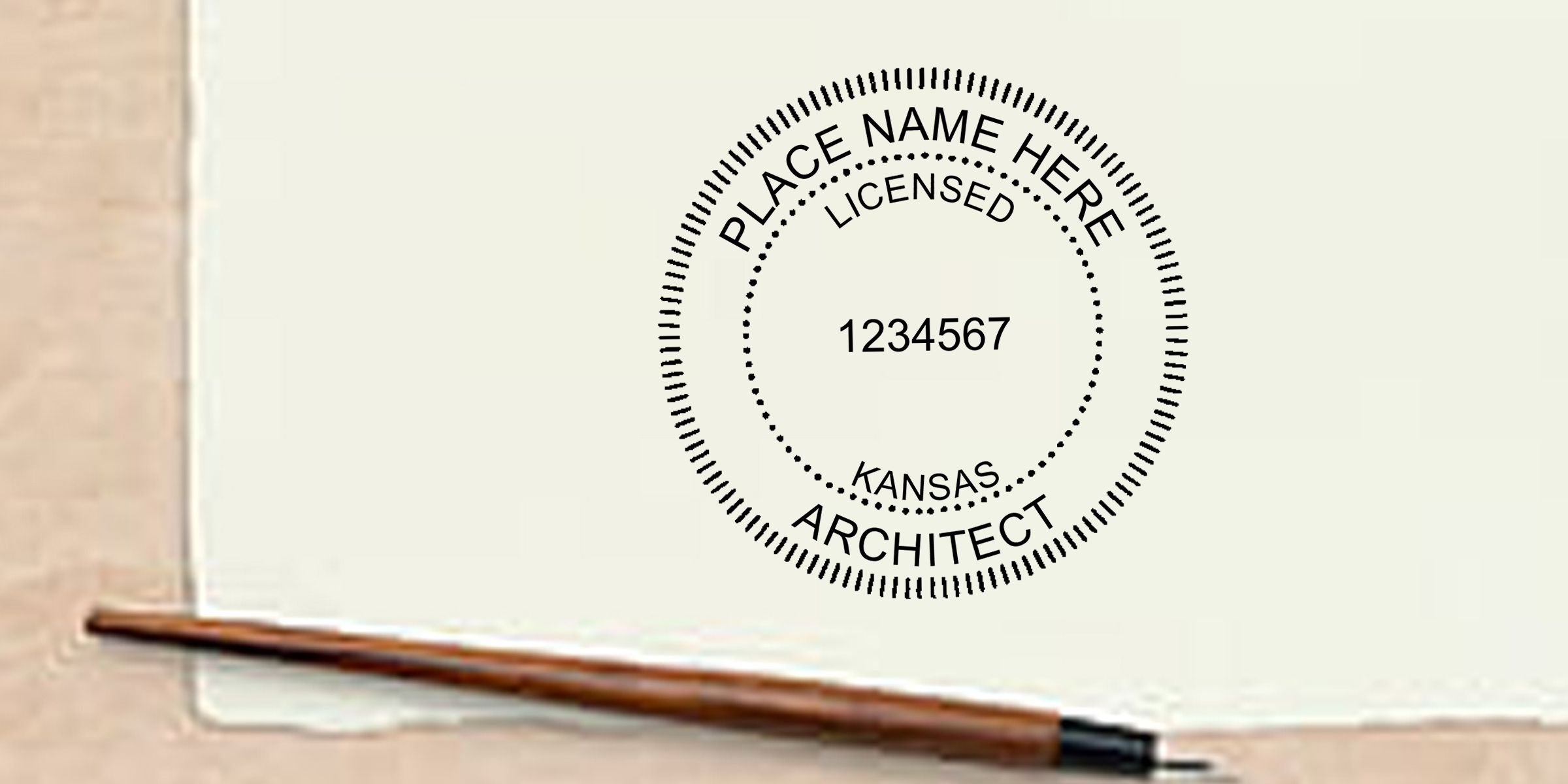Kansas architect license stamp with sample name and license number on document beside a pen