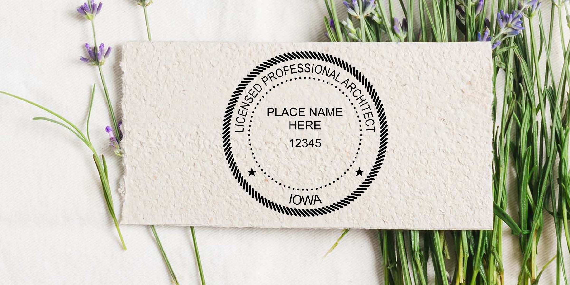 Custom licensed professional architect stamp design on textured paper card with lavender flowers, featuring place name here, 12345, Iowa.