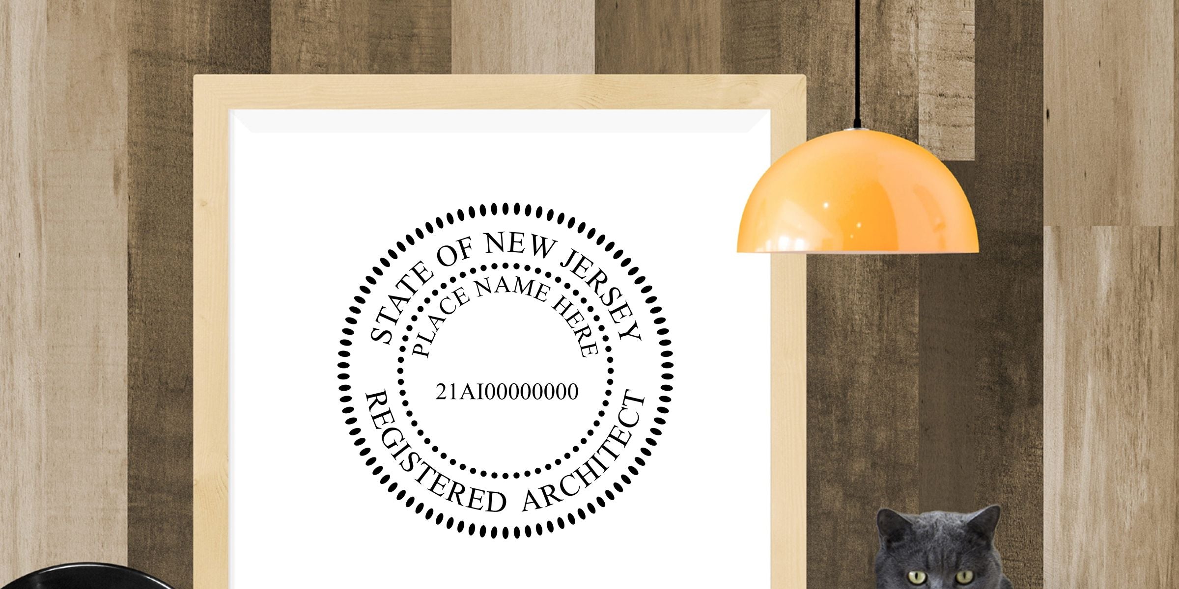 Framed New Jersey registered architect seal with placeholder name and license number on wood-paneled wall beneath an orange pendant lamp