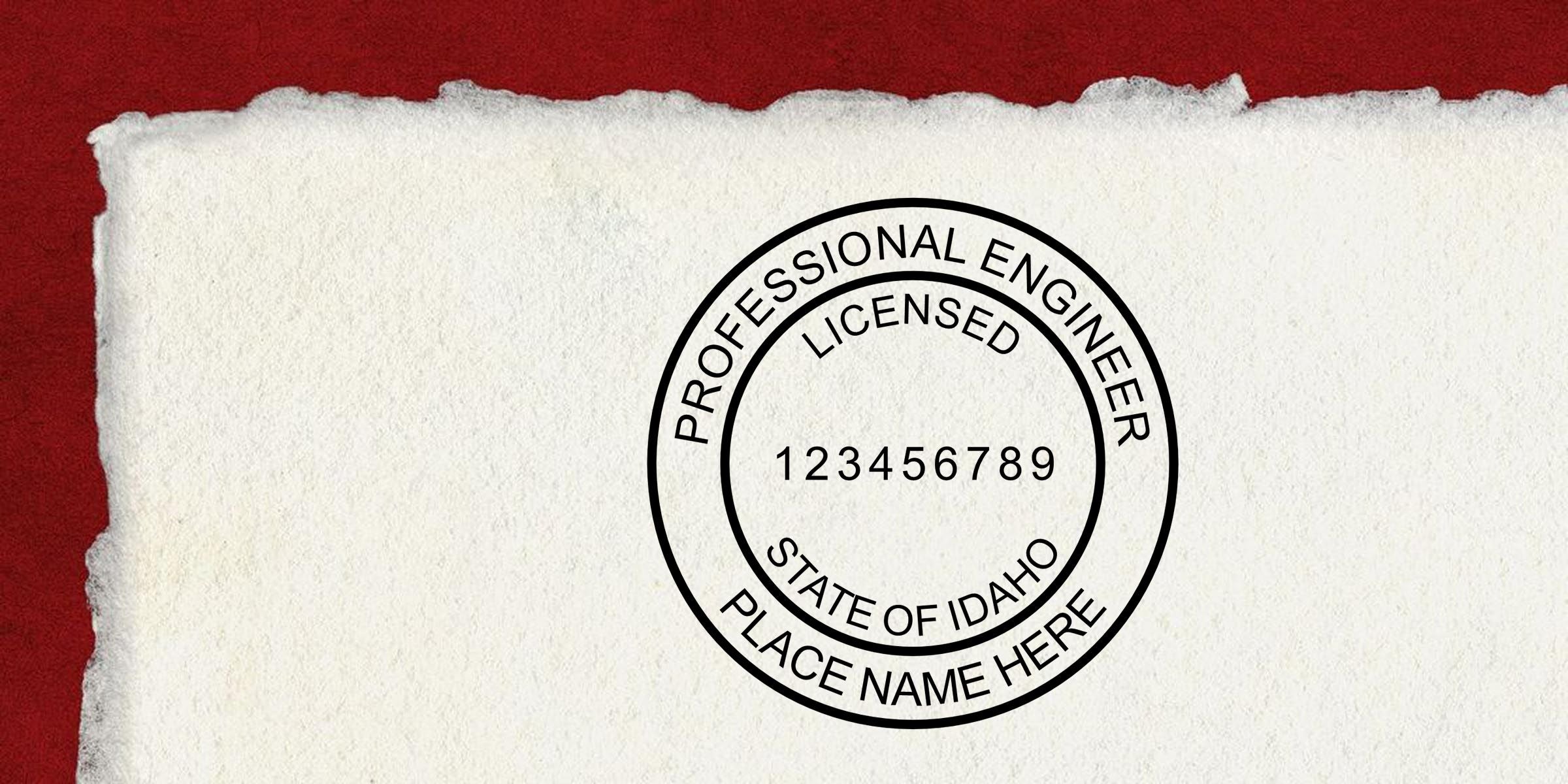 Idaho professional engineer seal with licensed number 123456789 and place name placeholder on white paper against a red background