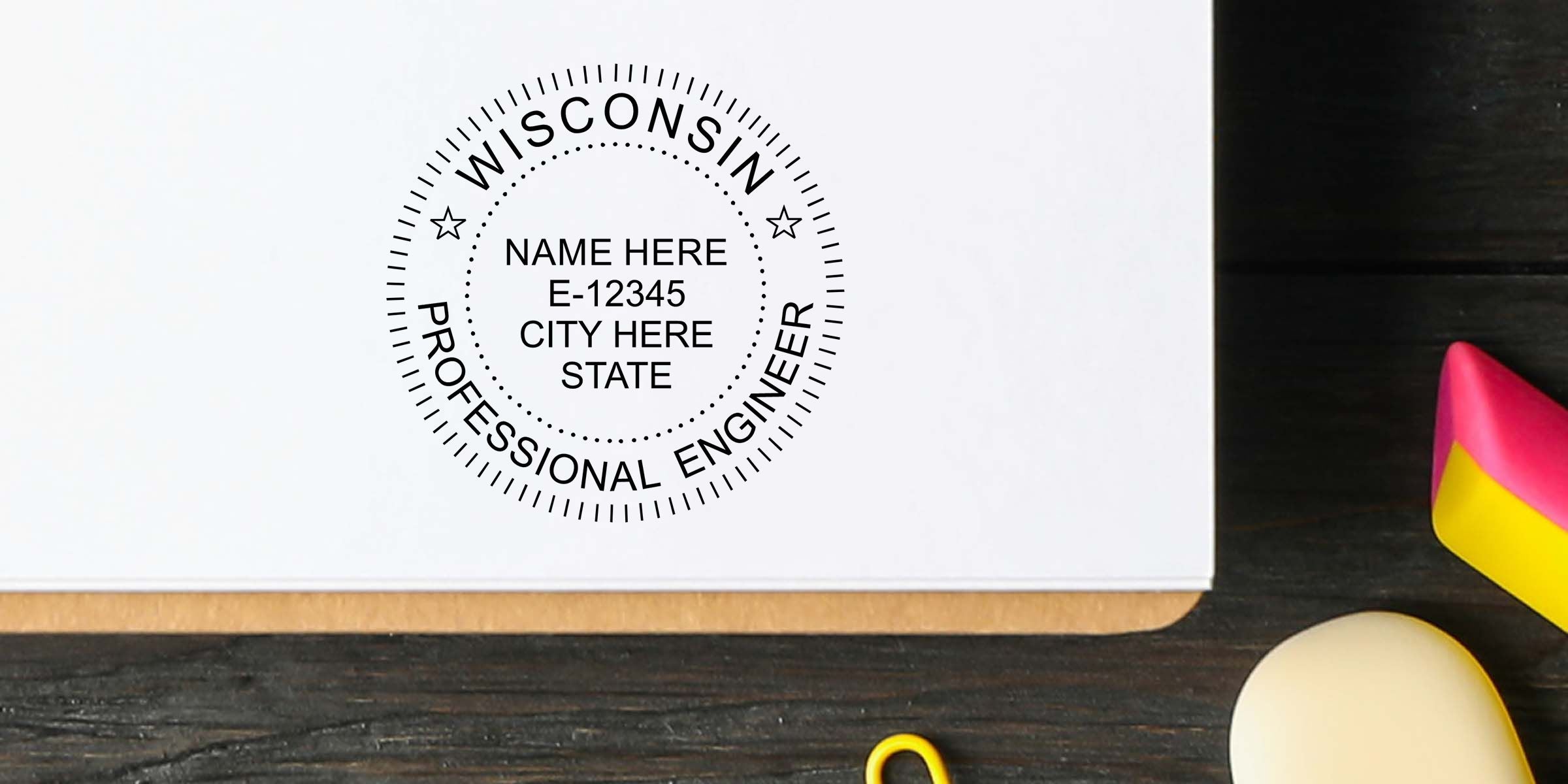 Customizable Wisconsin Professional Engineer seal stamp with name, license number E-12345, city, and state placeholder text on white paper