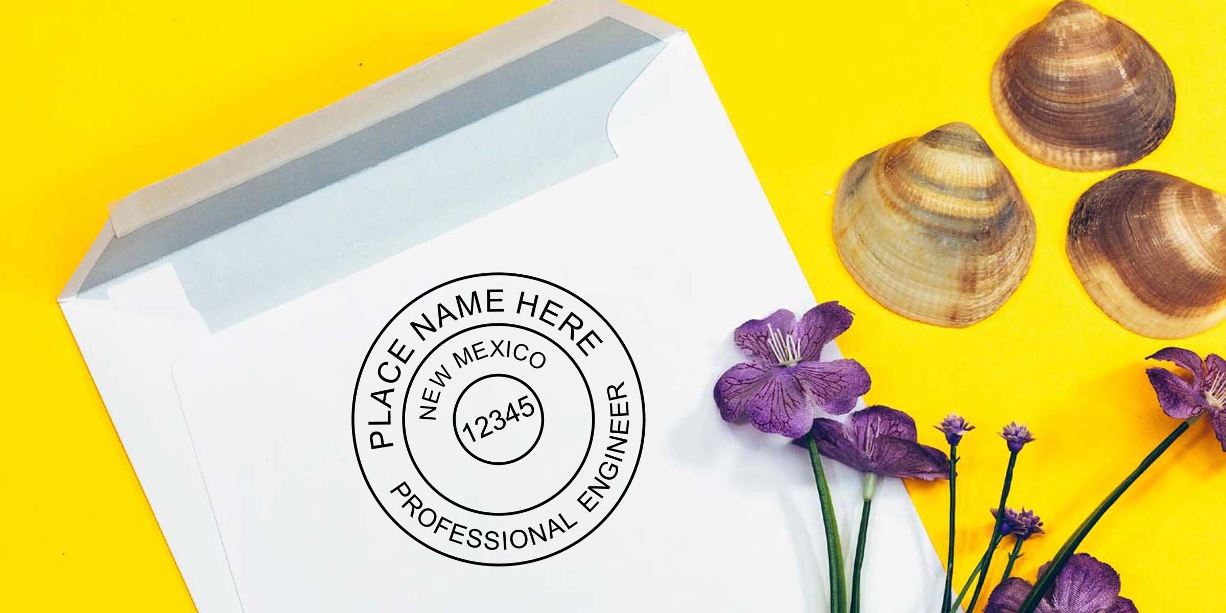 White envelope with custom Professional Engineer seal reading “Place Name Here, New Mexico, 12345” on a bright yellow background with seashells and purple flowers