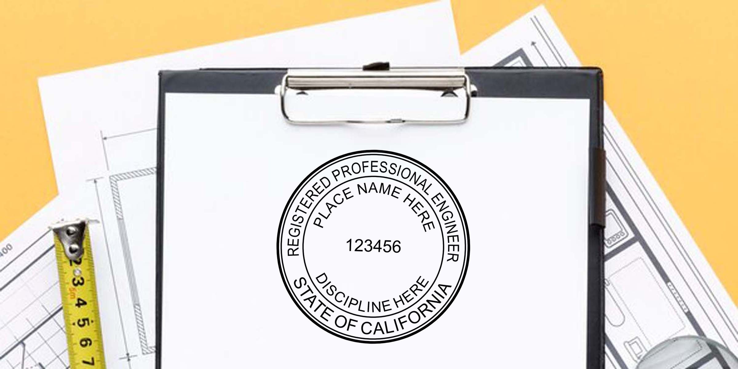 Engineer license seal on clipboard with architectural blueprints and measuring tape, professional engineering certification concept