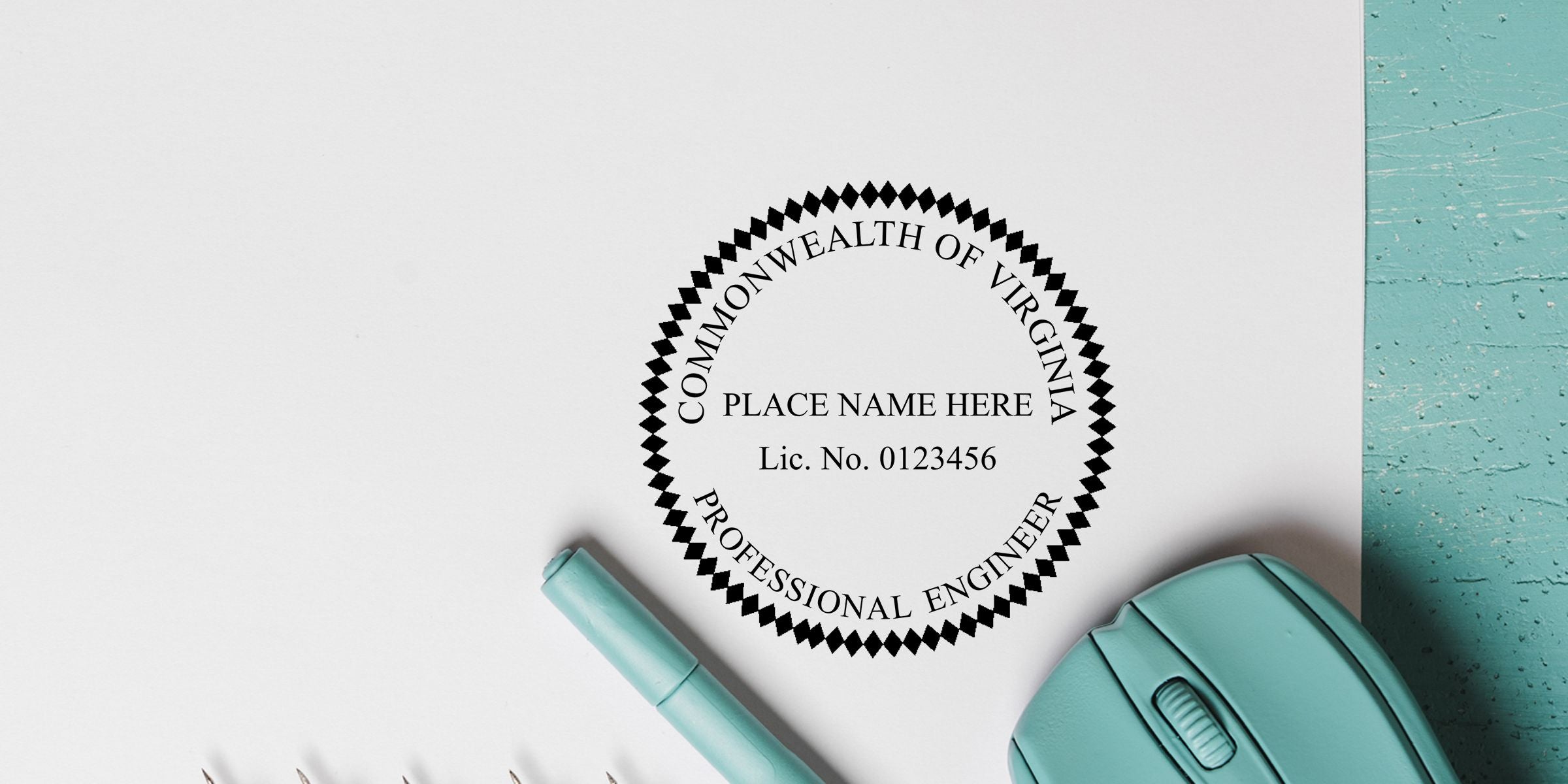 Commonwealth of Virginia professional engineer seal template on white paper with mint pen and mouse on teal desk