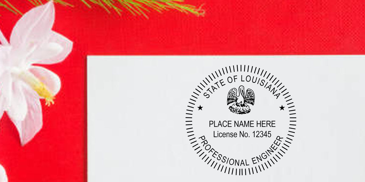 Louisiana professional engineer license seal on a white card with license number, set against a red background with a white magnolia flower.