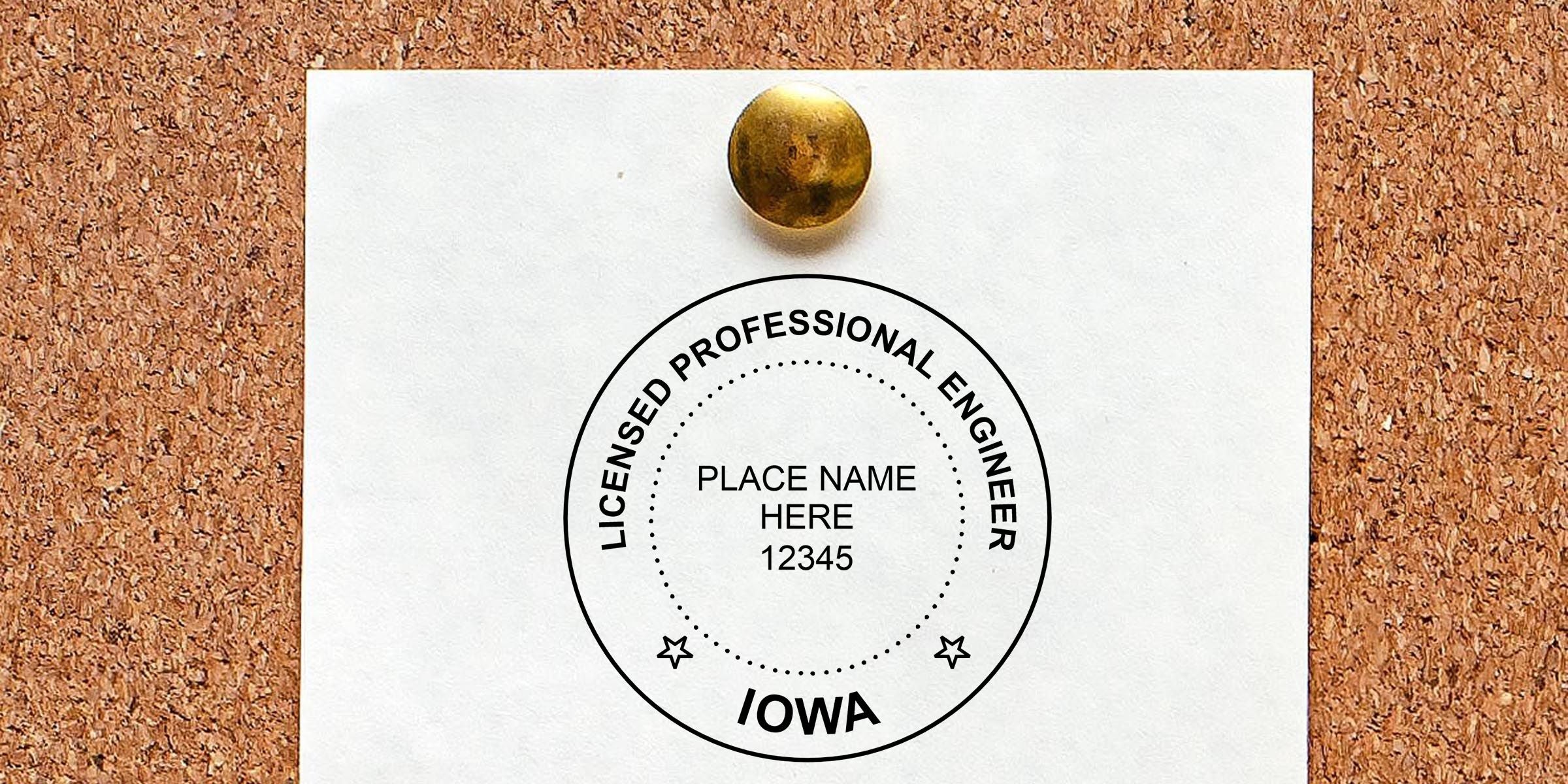 White paper pinned to a corkboard with a gold pushpin, featuring a Licensed Professional Engineer Iowa seal template with place name and license number 12345.