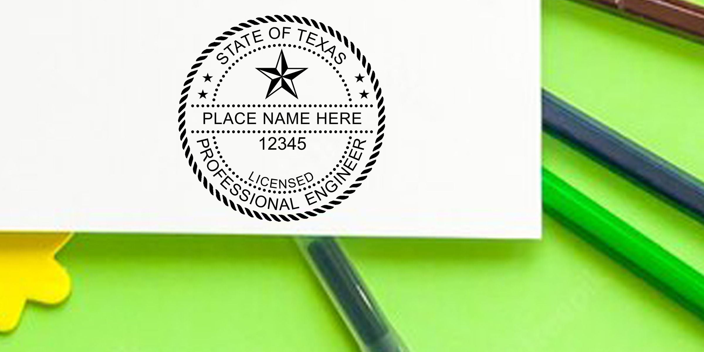 Texas Professional Engineer seal stamp with State of Texas text, star emblem, place name placeholder, and license number on a white document over a green background