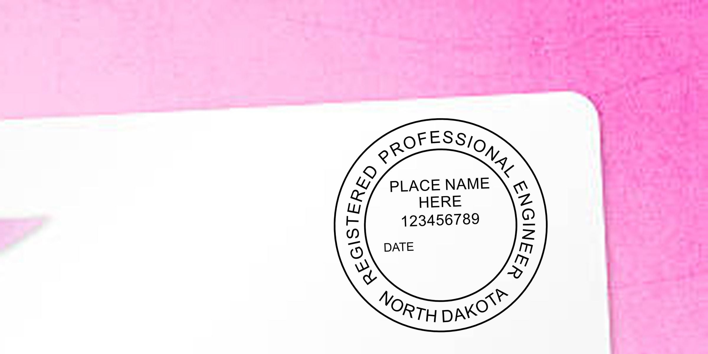 White envelope with North Dakota Registered Professional Engineer stamp and customizable place name, number, and date on a pink background