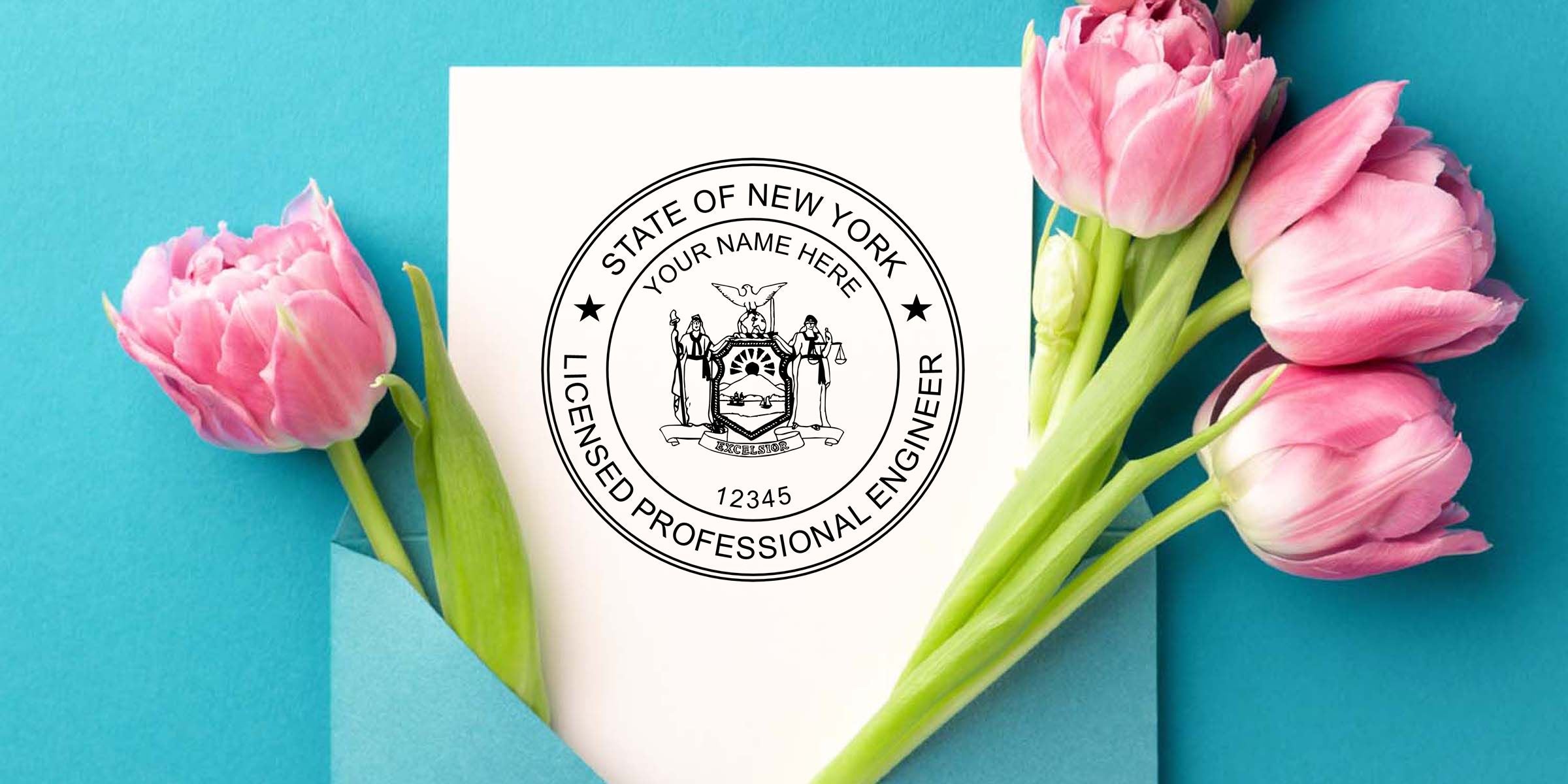 Pink tulips around a white envelope featuring a personalized New York licensed professional engineer seal on a turquoise background