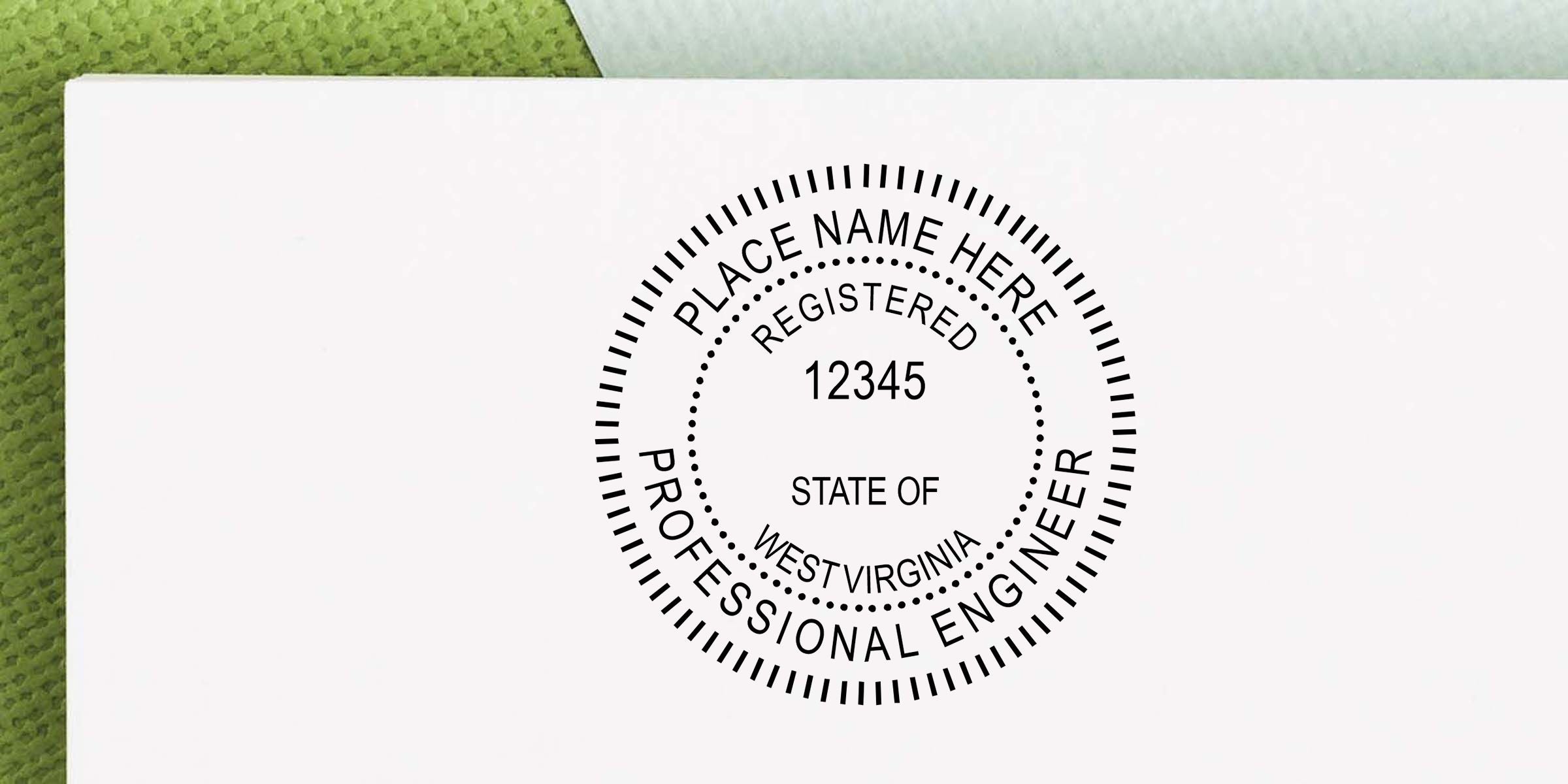 West Virginia professional engineer registration seal with placeholder name, registration number 12345, stamped on white paper