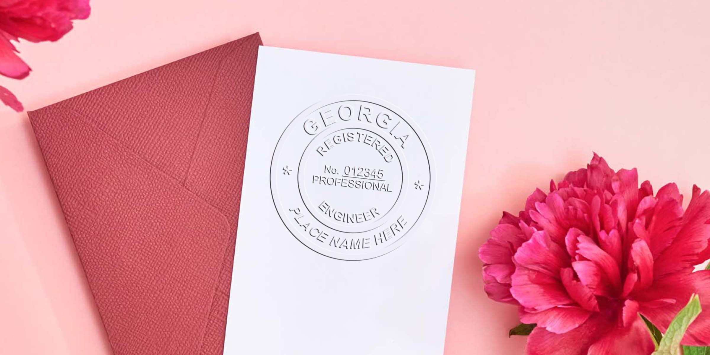 Georgia engineer stamp embossed on white paper, set against a red envelope and pink flowers, showcasing engineer embossers.