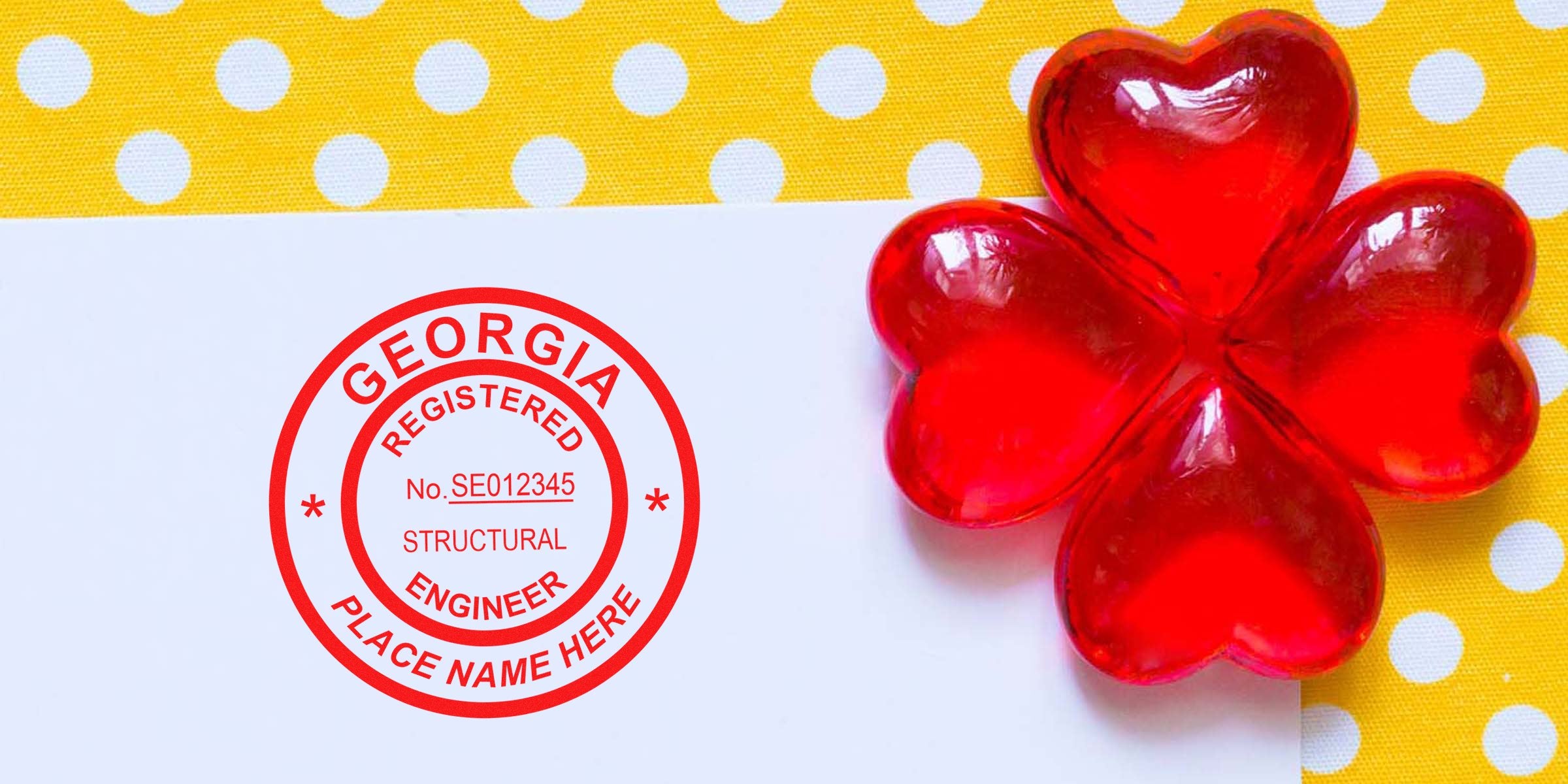 Engineer Stamp Georgia with registered structural engineer seal, red heart decorations on yellow polka dot background; includes Engineer Stamp buying tips.