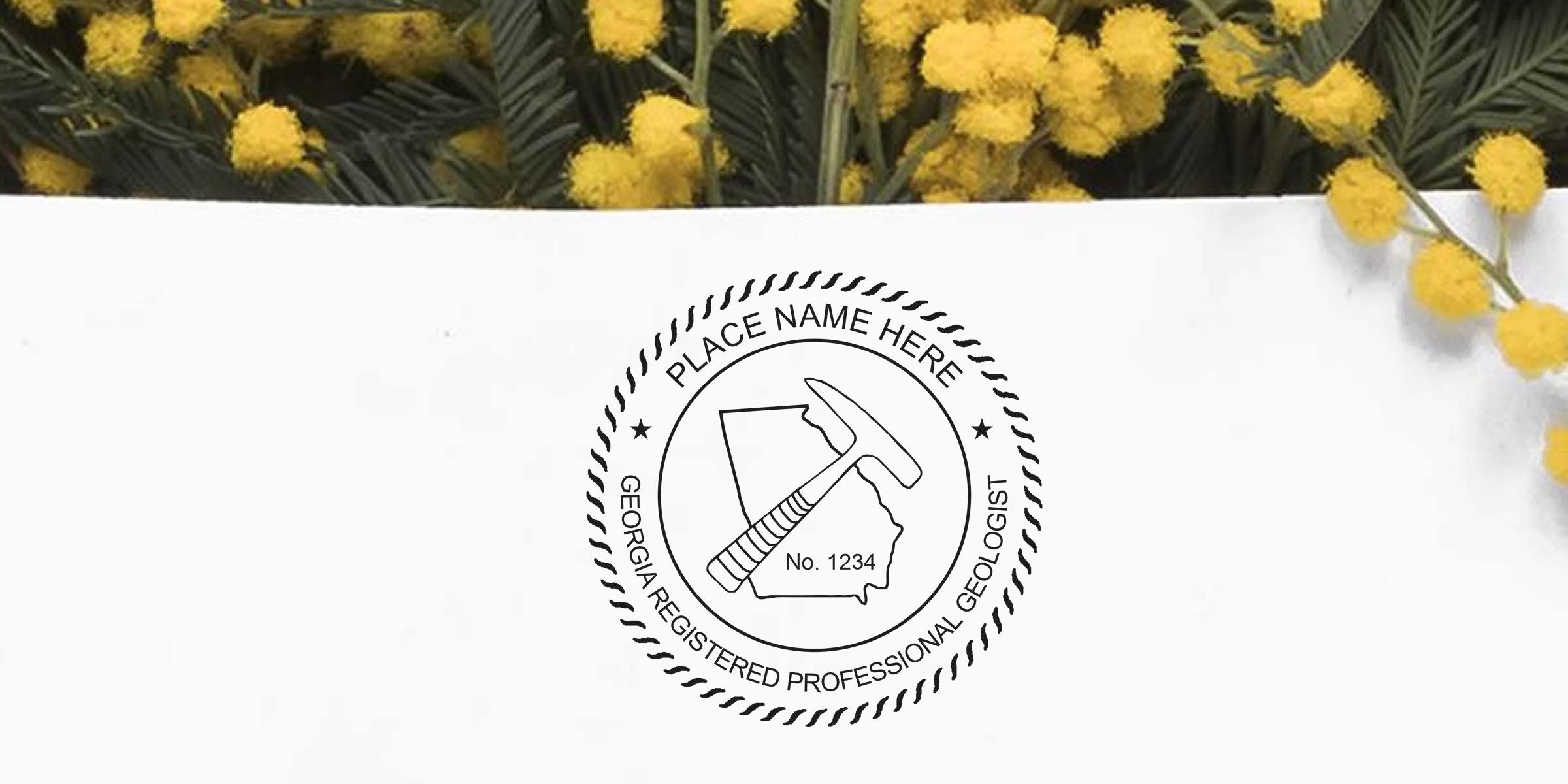 Georgia geologist stamp with registered professional seal, rock hammer, and state outline on white paper, surrounded by yellow flowers, illustrating Georgia geologist stamp regulations.