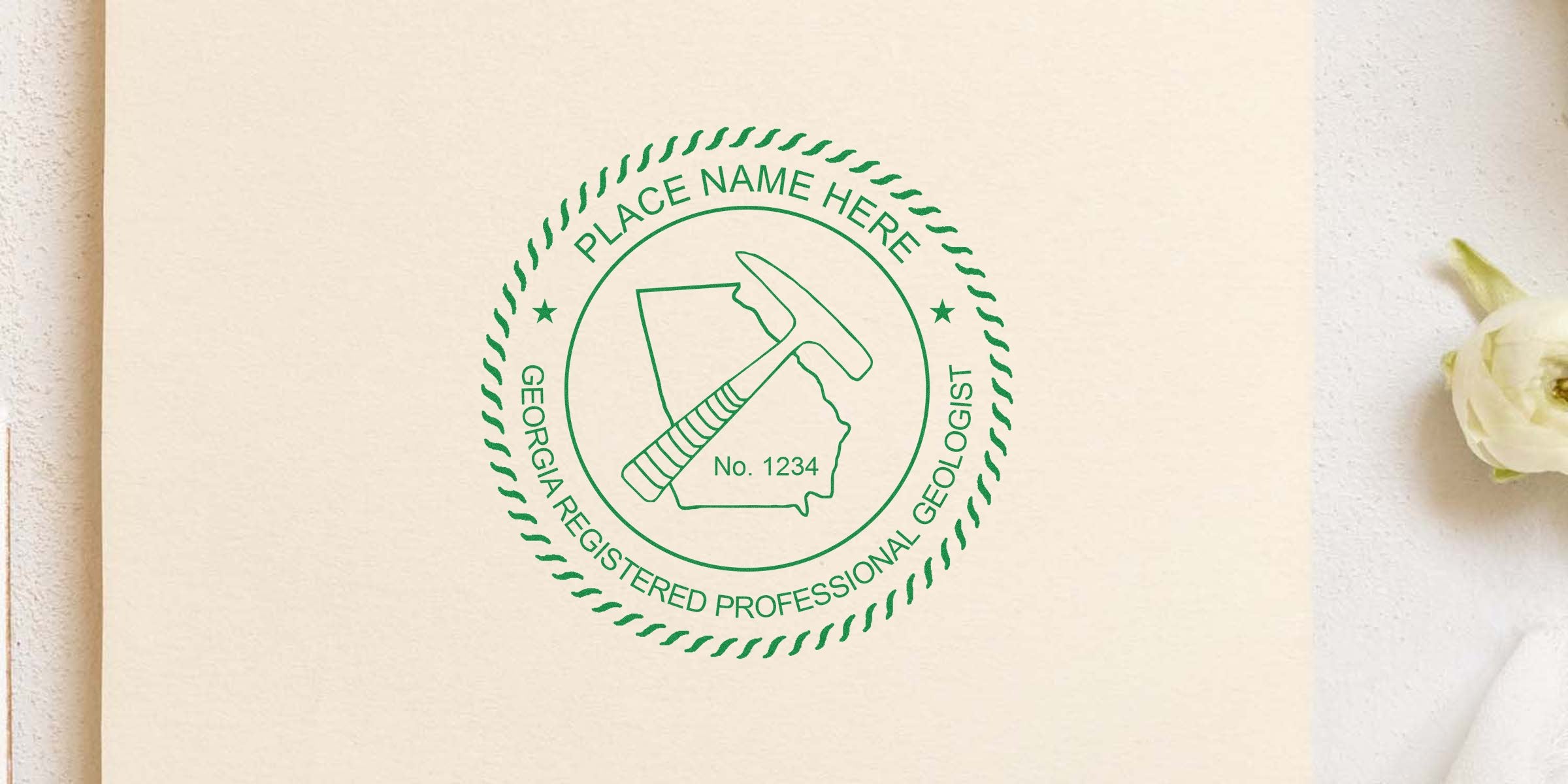 Georgia Geologist Stamp with registered professional geologist seal, geological hammer, and state outline on beige paper, meeting Professional Stamp Requirement.