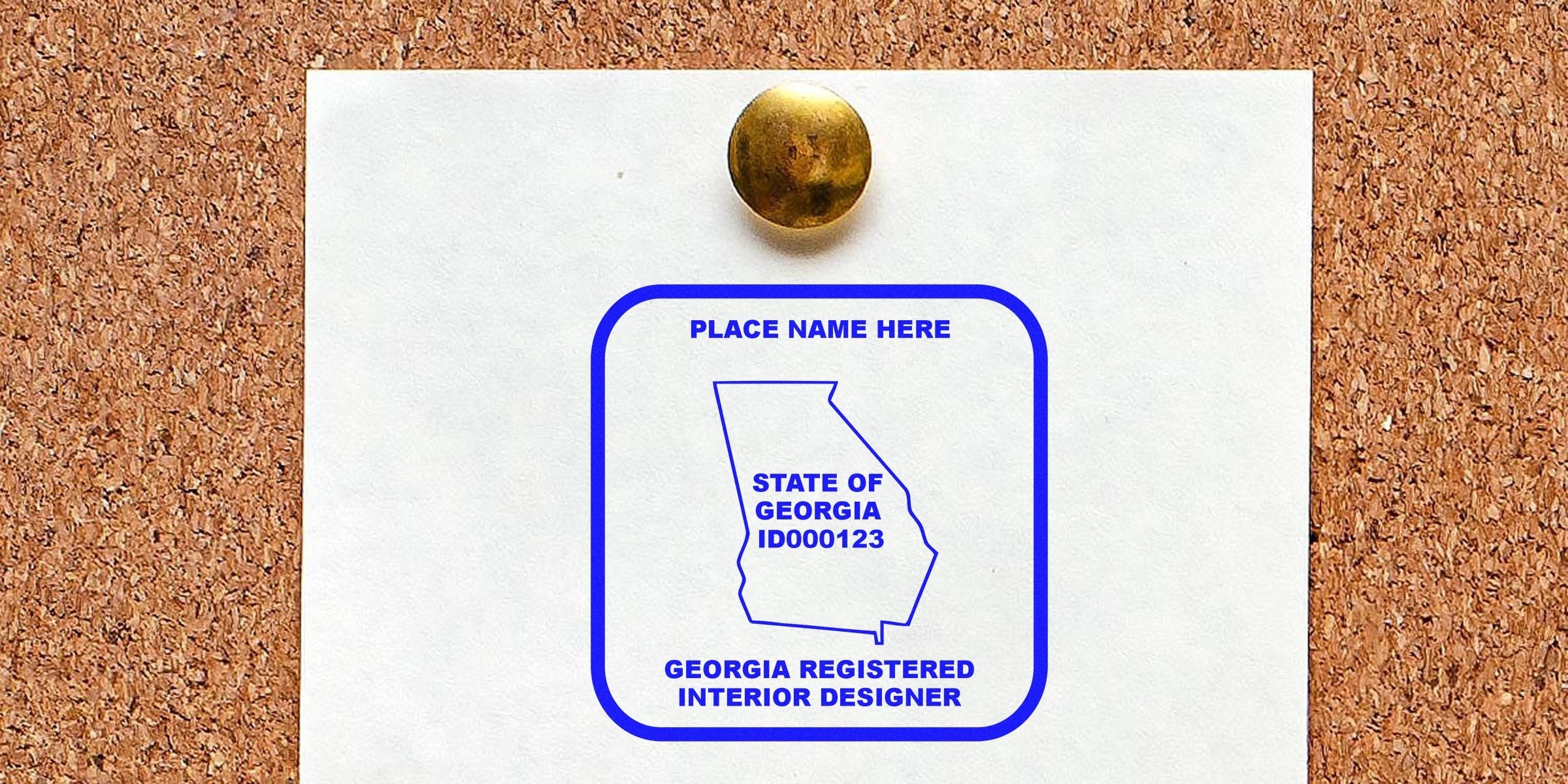 Georgia interior designer license on corkboard showing the state outline, official stamp, and registration ID number.