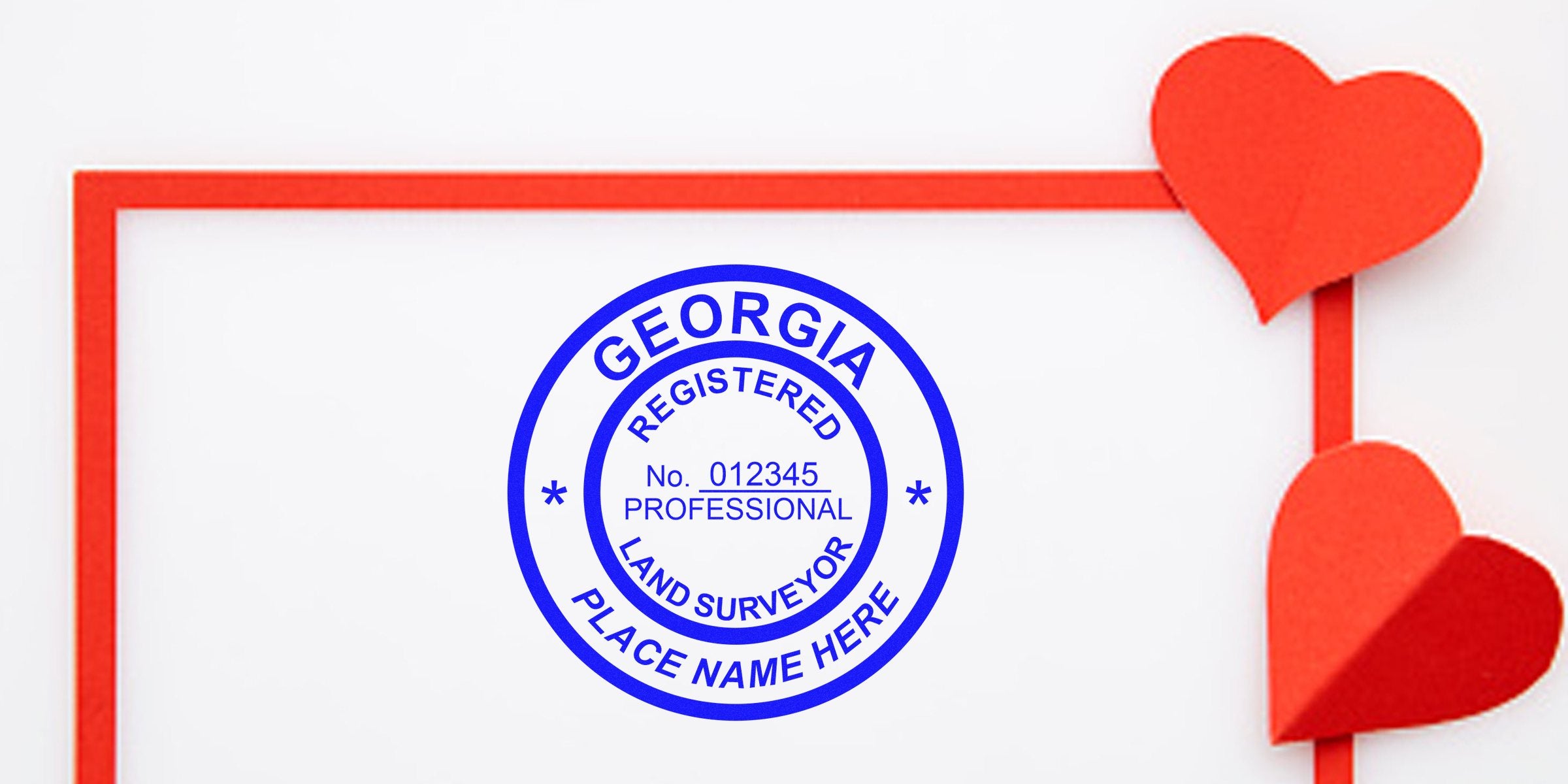 Georgia land surveyor seal with a professional stamp, framed and surrounded by red paper hearts, following Georgia land surveyor seal guidelines.