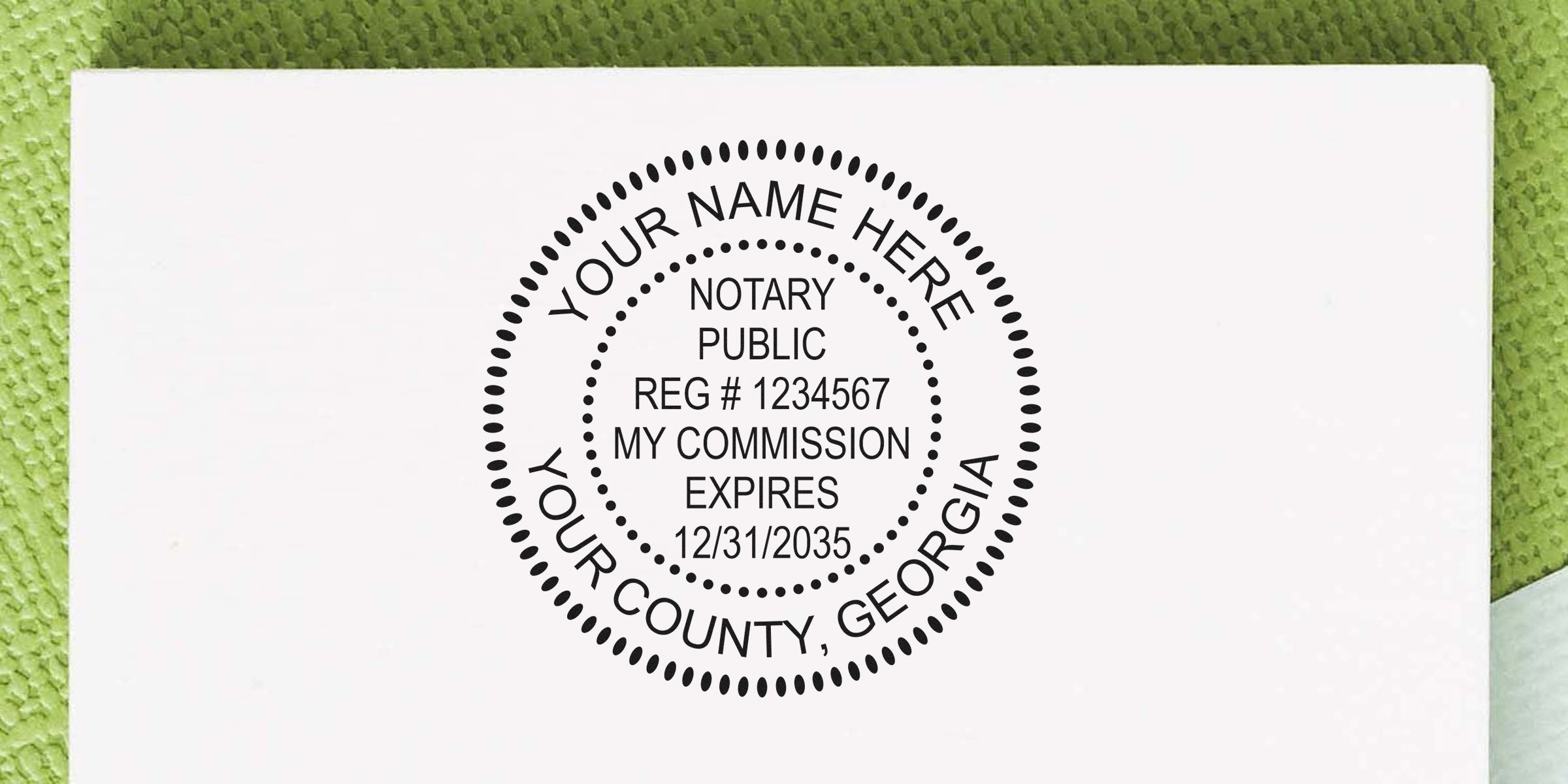 Georgia notary stamp on white paper with commission expiration date and registration number, designed to boost business potential.