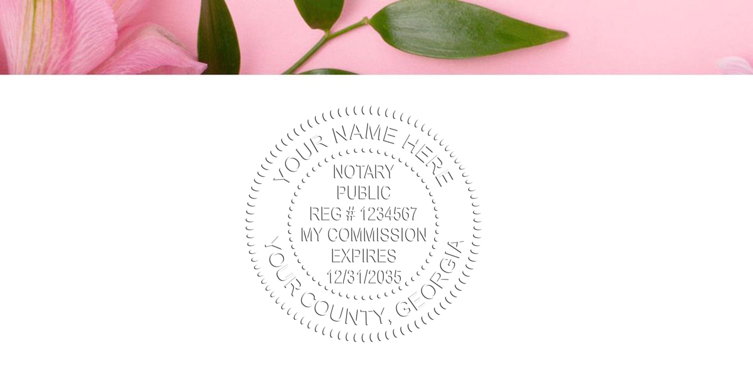 Georgia notary self-inking stamp with commission expiration date for a Georgia county on a white background.