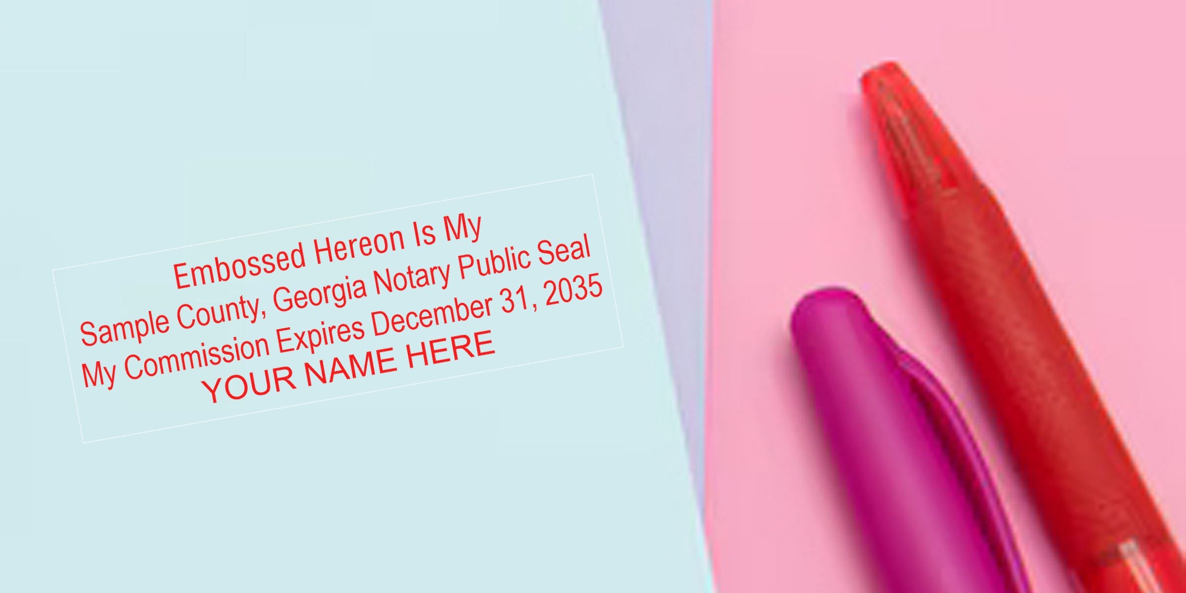 Georgia notary stamp example displaying stamp format with commission expiration date and colorful pens on a pastel background.