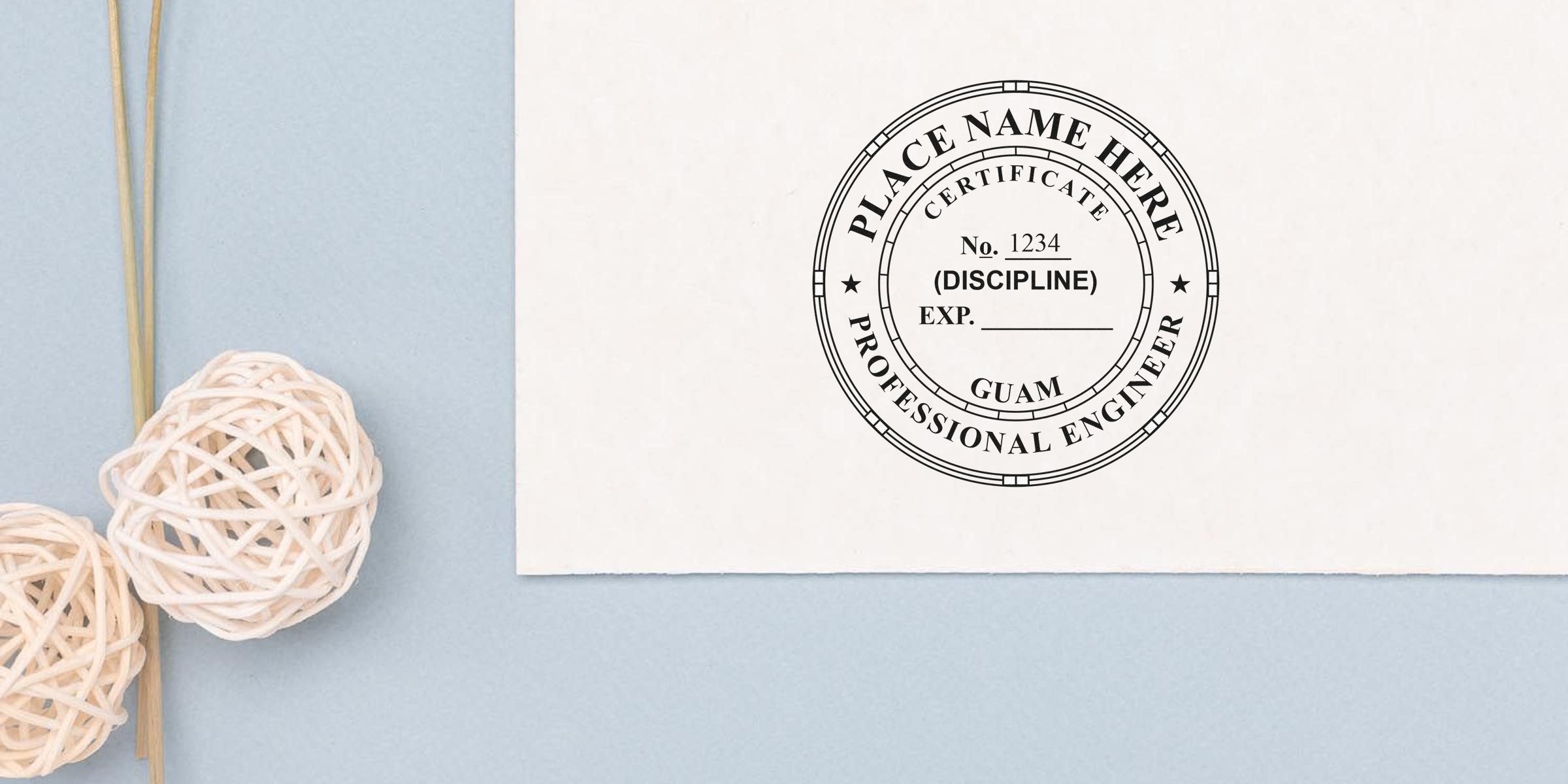 Professional engineer certification stamp on white paper with Guam Engineer Seal and Usage Guidelines, alongside decorative rattan balls on a blue background.