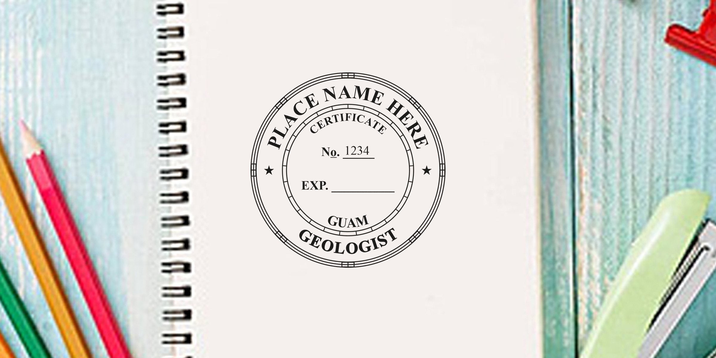 Collectible geologist seal stamp design on notebook with colored pencils and stapler on wooden desk, ideal for Guam souvenir shopping.