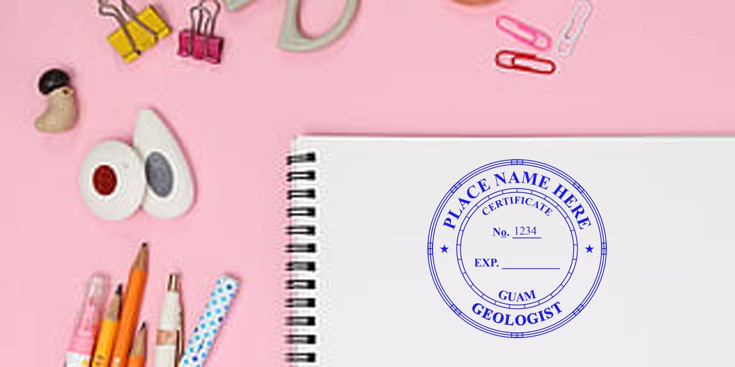 Rare geologist certification stamp on notebook, surrounded by office supplies, part of a Guam stamp collection on a pink background.
