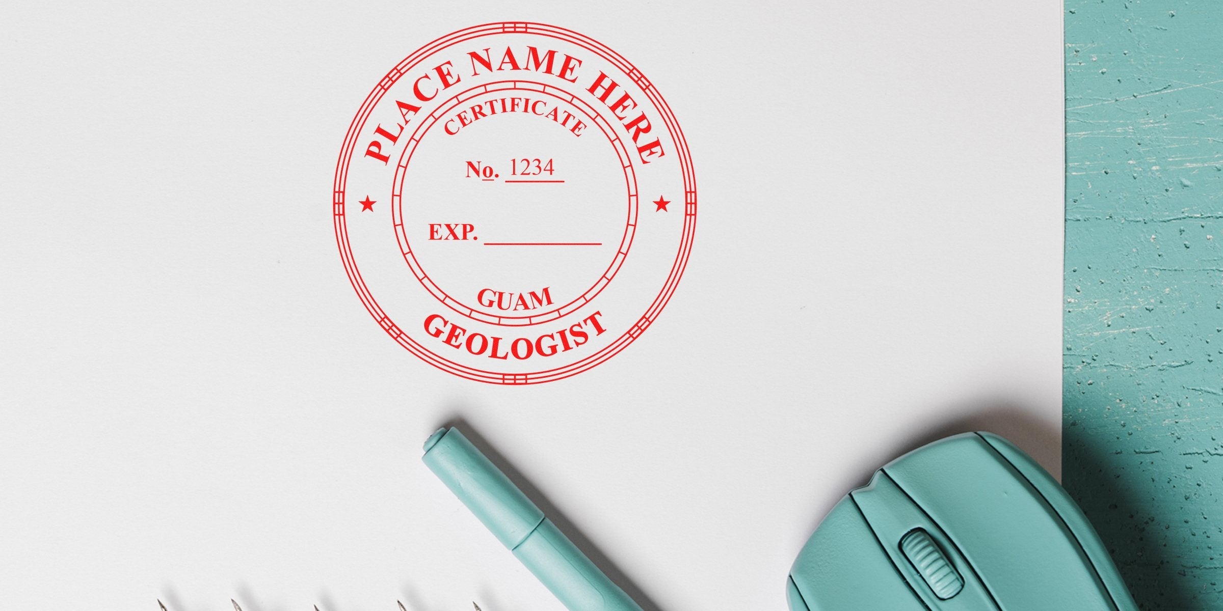 Geologist certification stamp on white paper with blue pen and mouse on turquoise desk, emphasizing Geologist Stamp Value and Guam Stamp Collecting for license verification.