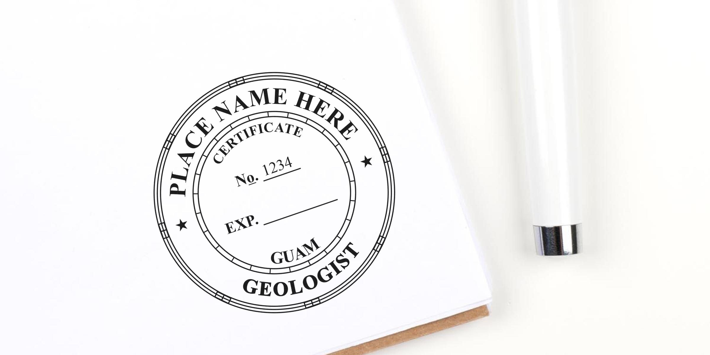 Vintage Guam stamp on white paper with pen, showing a professional geologist certification seal, official geology document verification, and a geologist collectible.