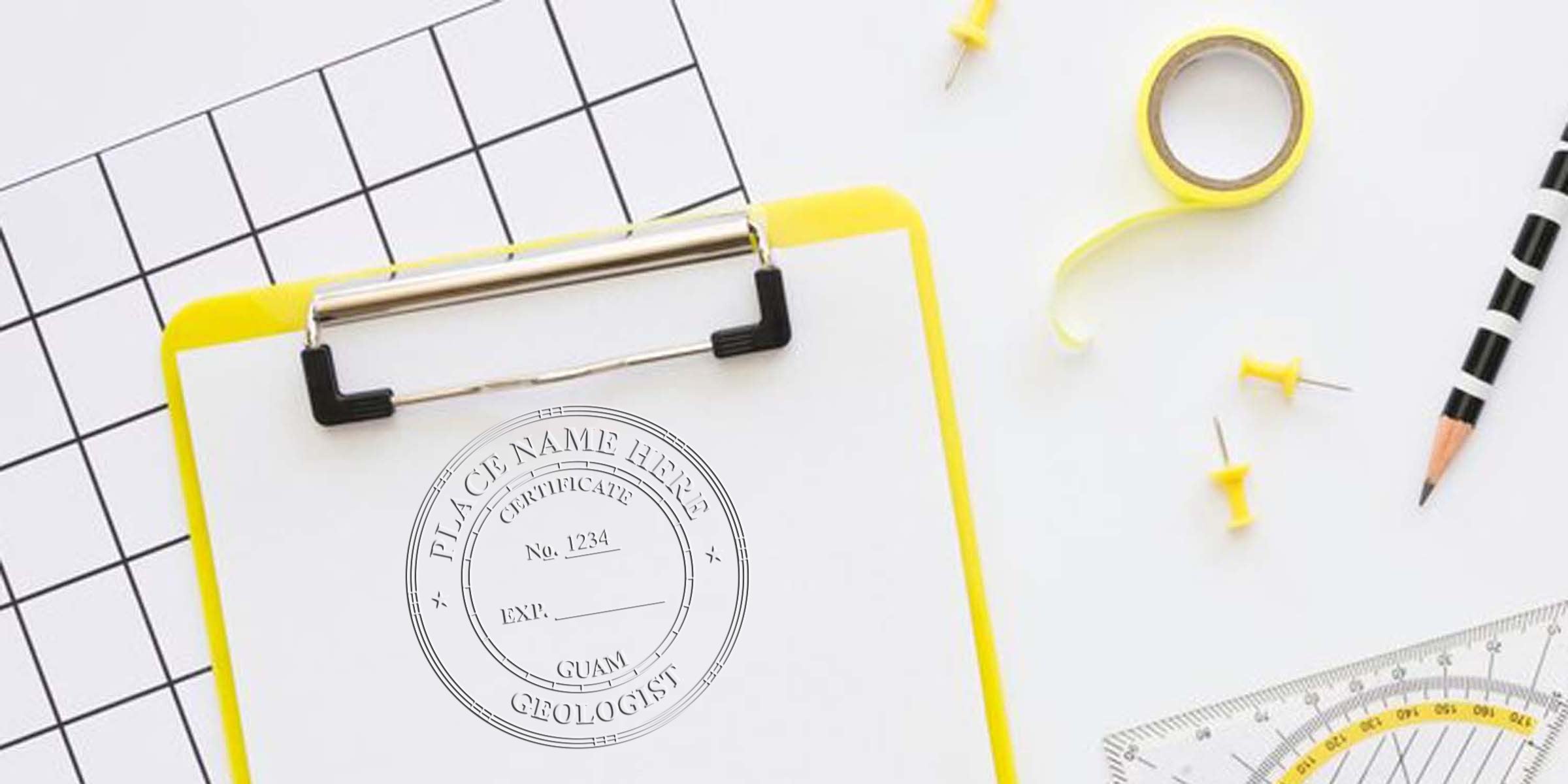 Yellow clipboard with blank certificate template, geology tools, Guam geologist stamp, and professional geologist seal for certification and development.