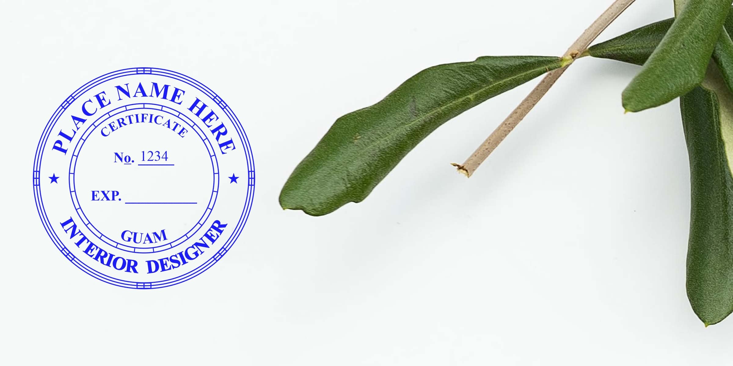Guam interior designer certification stamp in blue with green leaves on white, symbolizing interior design licensing in Guam.