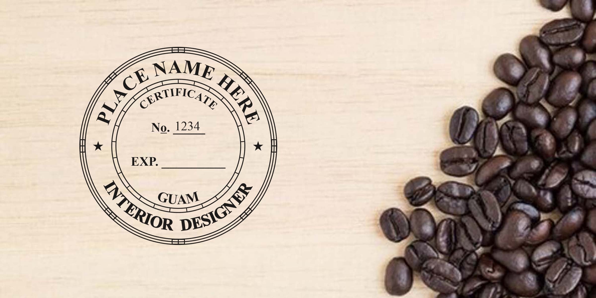Coffee beans on a wooden table beside a Guam Seal Embosser, interior design tools, and a certificate stamp.