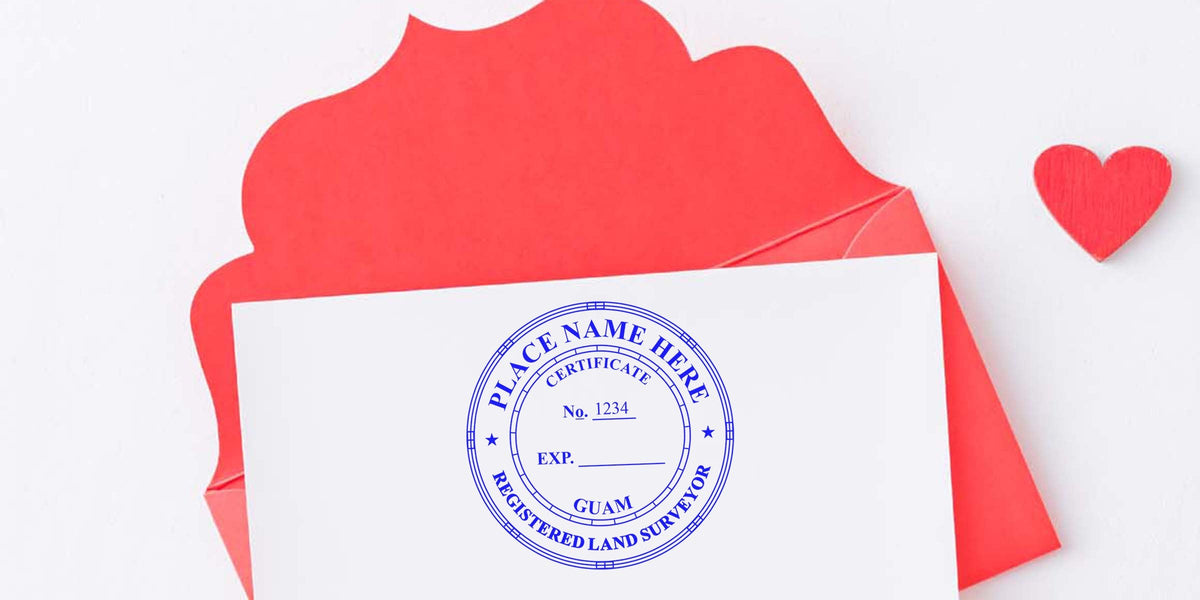 Red envelope with a white certificate card stamped by the Guam land surveyor seal, set on a Guam love heart background, showcasing the land surveyor seal design guide.