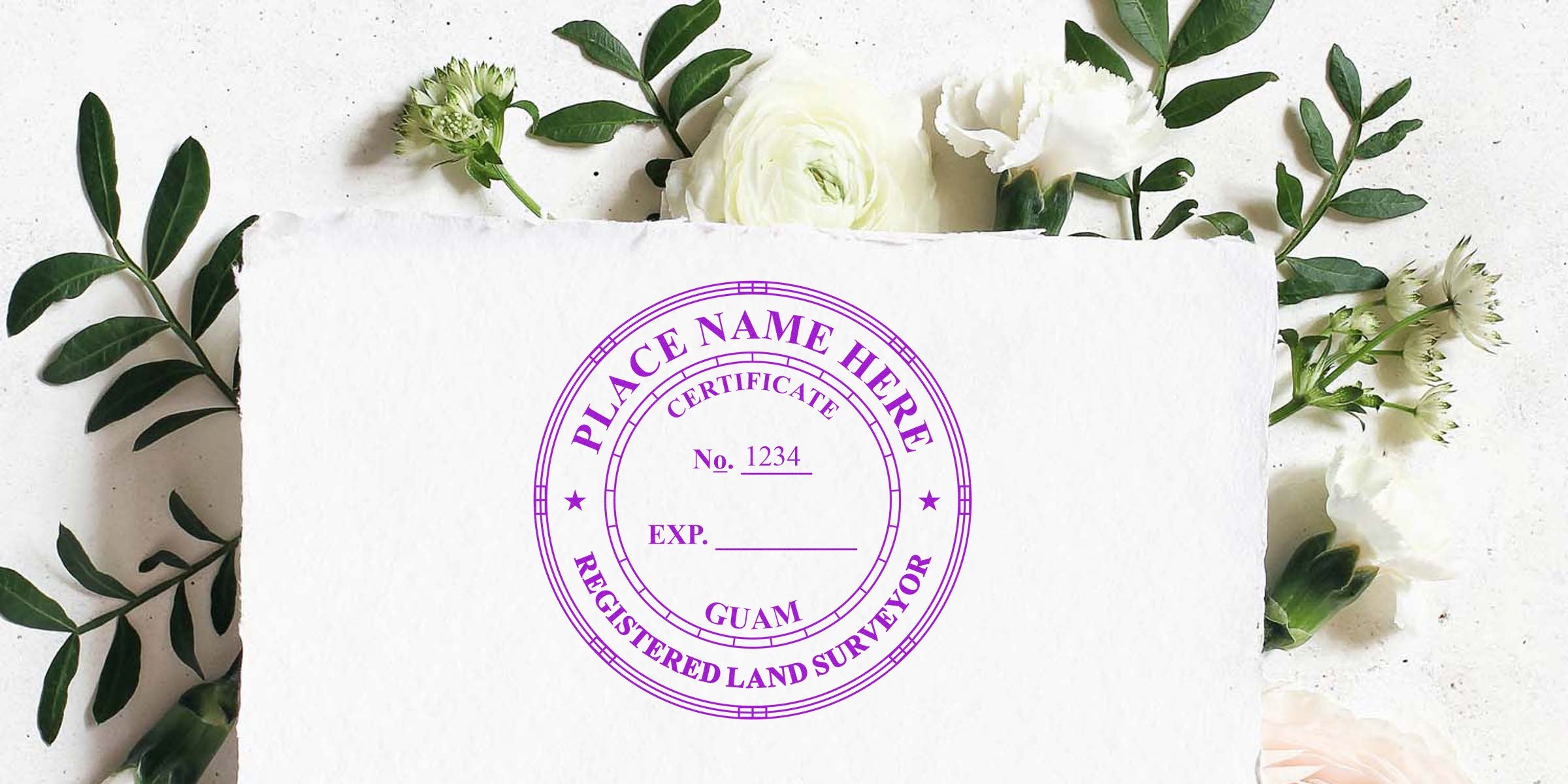 Guam land surveyor stamp on white paper with floral background, adhering to land surveyor stamp guidelines.