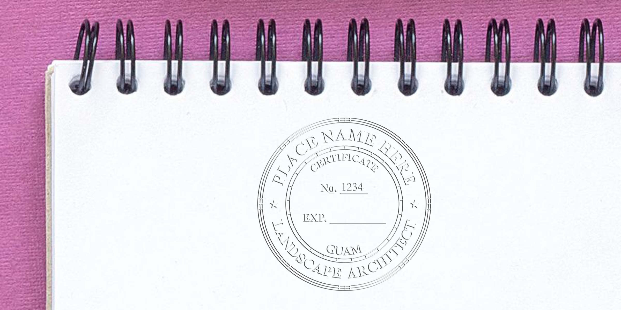 Spiral notebook with blank white page and Guam landscape architect stamp on a pink background; ideal for buying architect stamps online.