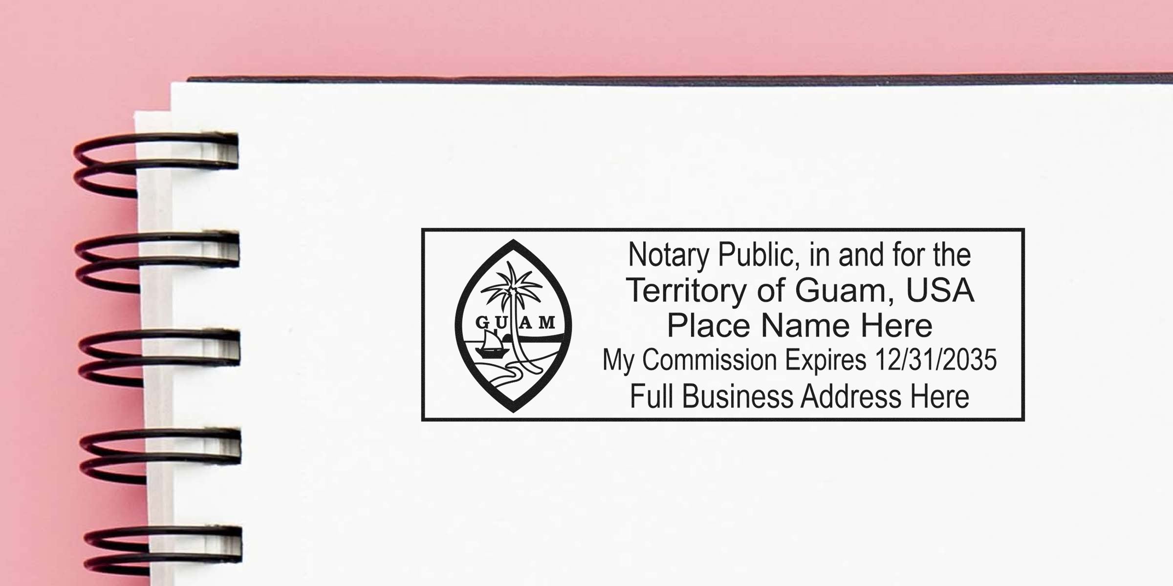Notary Public stamp for Guam, USA, showing commission expiration and business address, emphasizing Guam notary seal security and online seal protection.