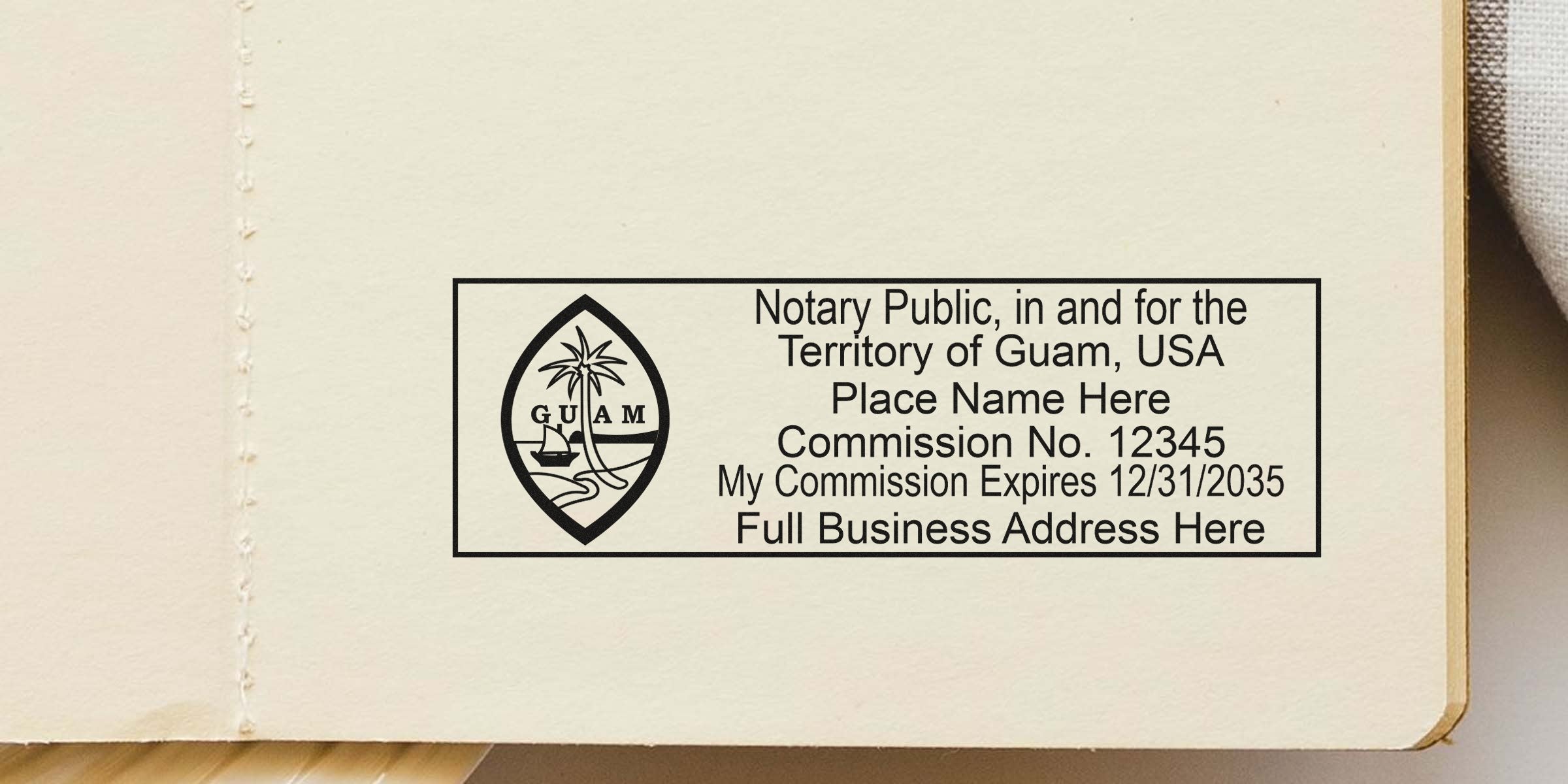 Guam notary stamp and seal displaying commission number and business address on document.