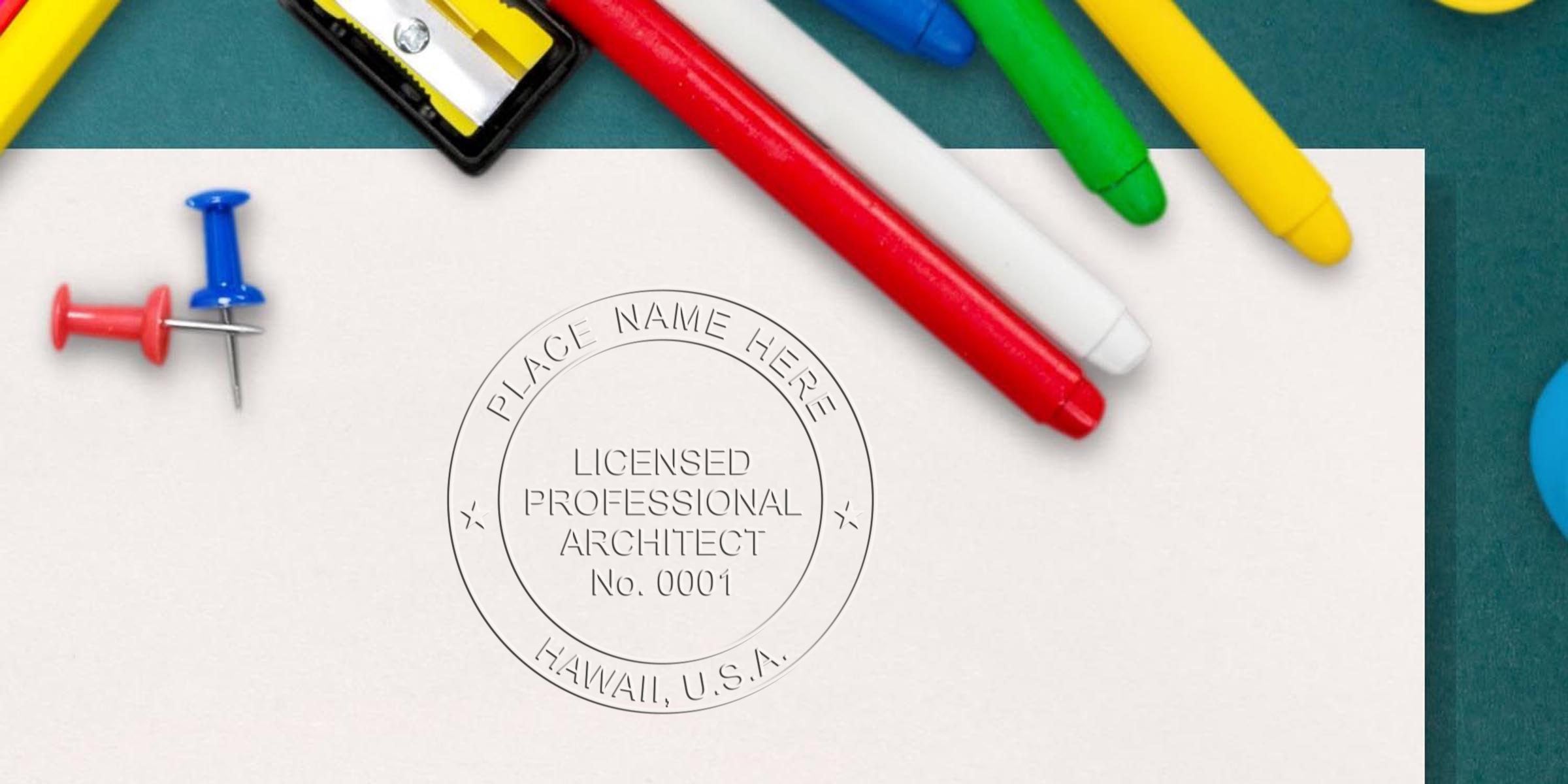 Licensed architect stamp on white paper with colorful markers and push pins, showing Hawaii architect seal rules and requirements.