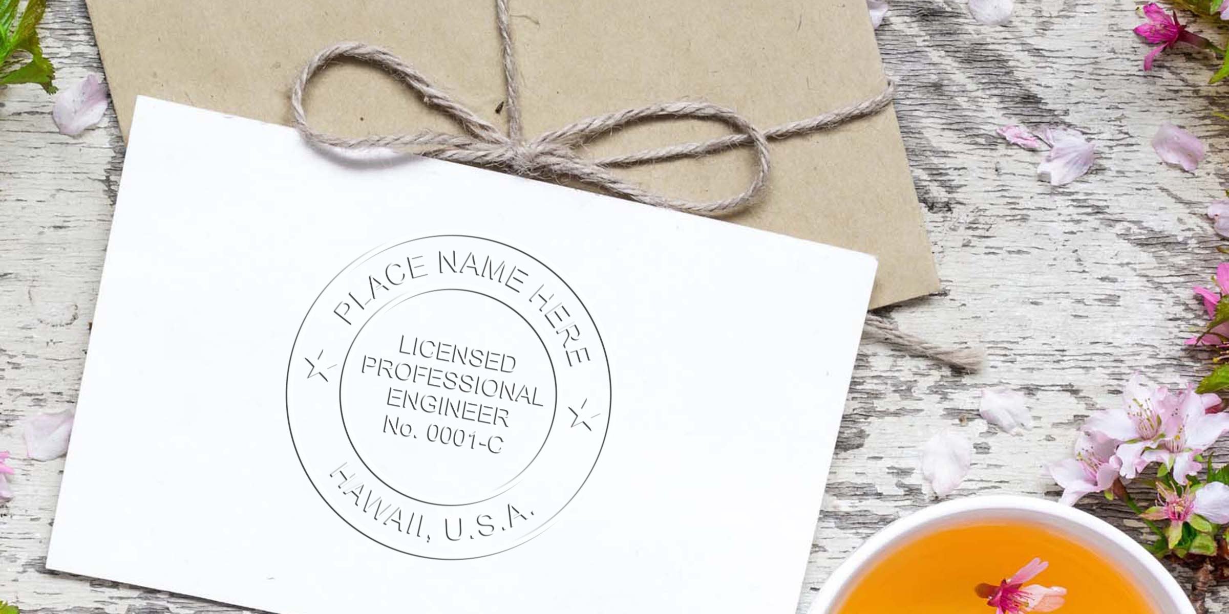 Licensed engineer stamp on white paper with envelope and tea cup on rustic wood table, showing Hawaii engineering stamp rules and requirements.