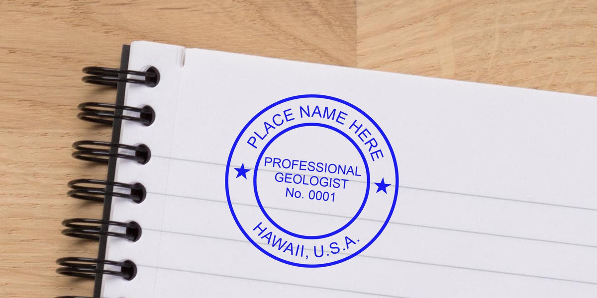 Hawaii geologist stamp on notebook paper showing certification and licensing per geologist stamp regulations.