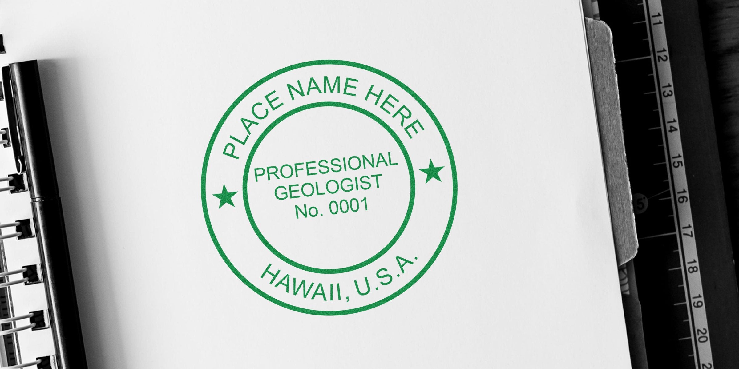 Hawaii geologist stamp on white paper with notebook and ruler, symbolizing professional geologist licensing and certification in Hawaii, USA.