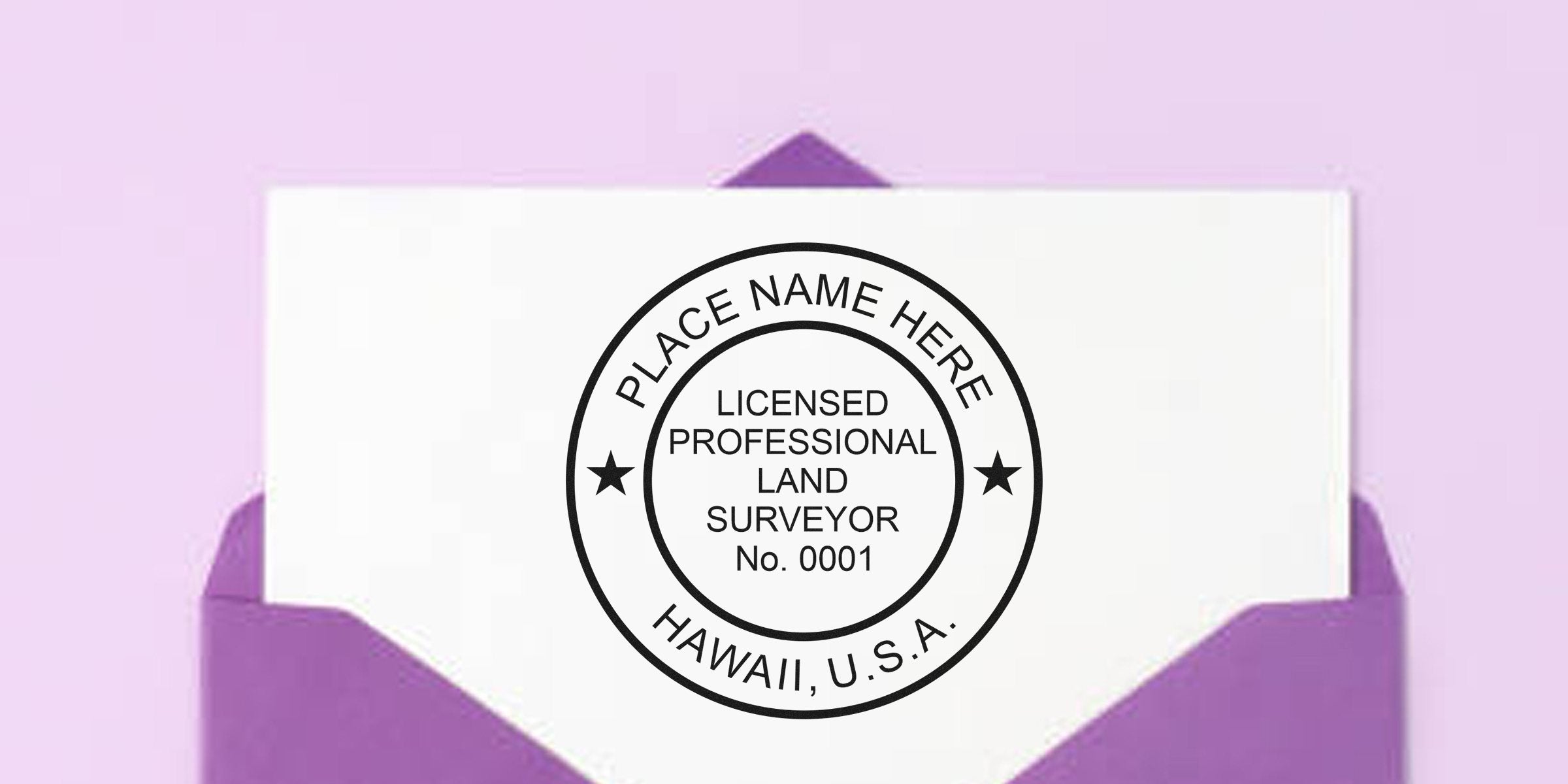 Hawaii land surveyor template with a licensed professional stamp on a white card, set against a purple envelope background, showcasing expert survey seals.