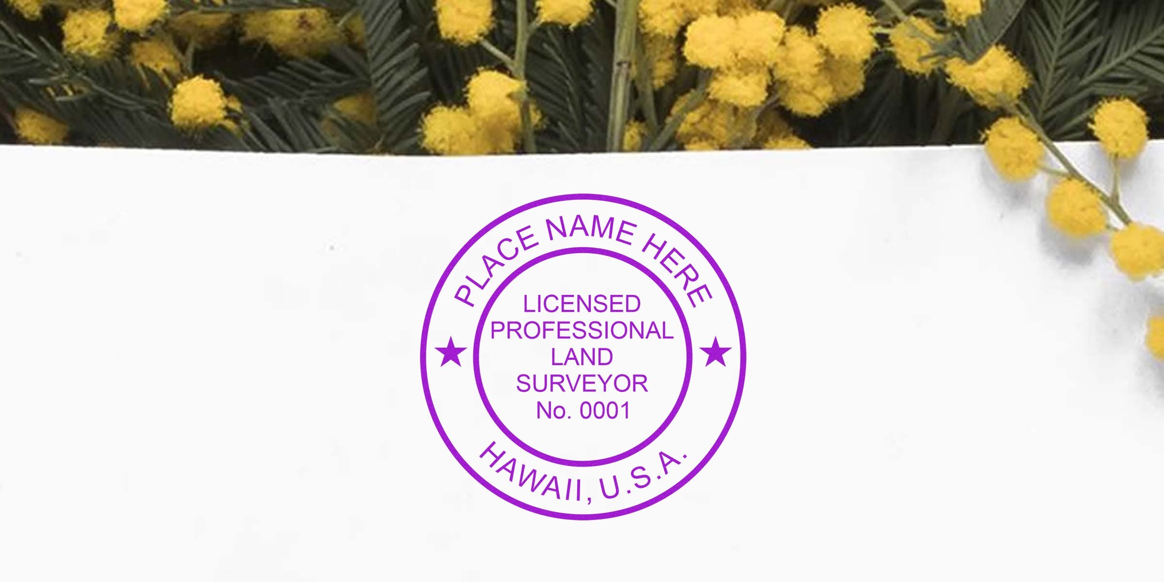 Licensed land surveyor stamp on yellow flowers background, emphasizing Hawaii land surveyor rules and stamp requirements.
