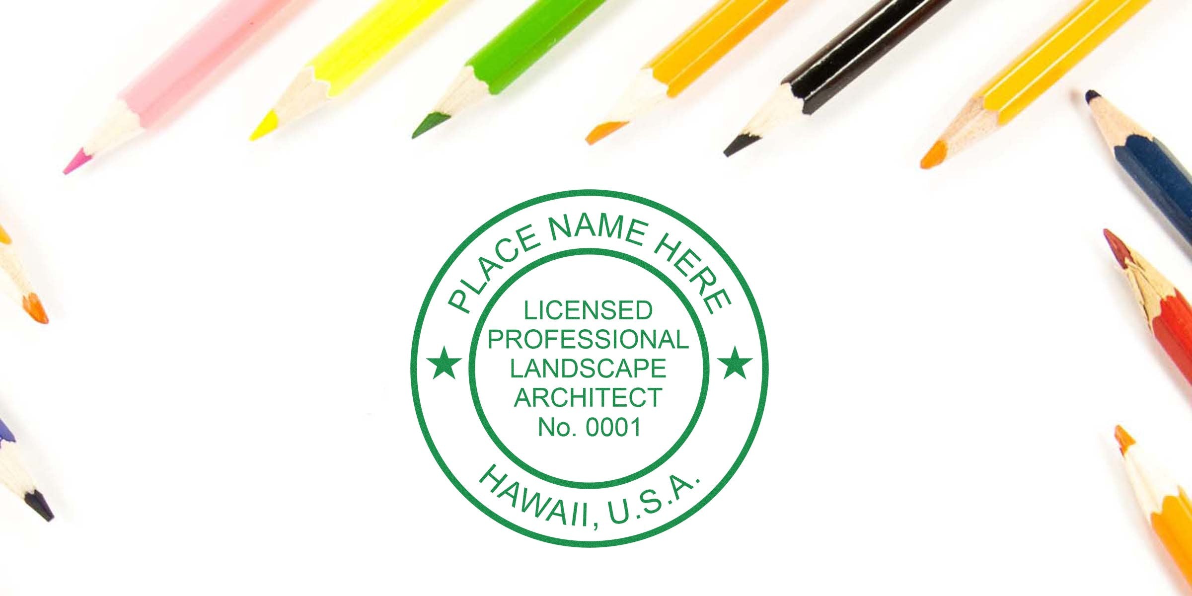 Licensed landscape architect stamp with colorful pencils on white background, highlighting Hawaii seal renewal and compliance tips for landscape architects.