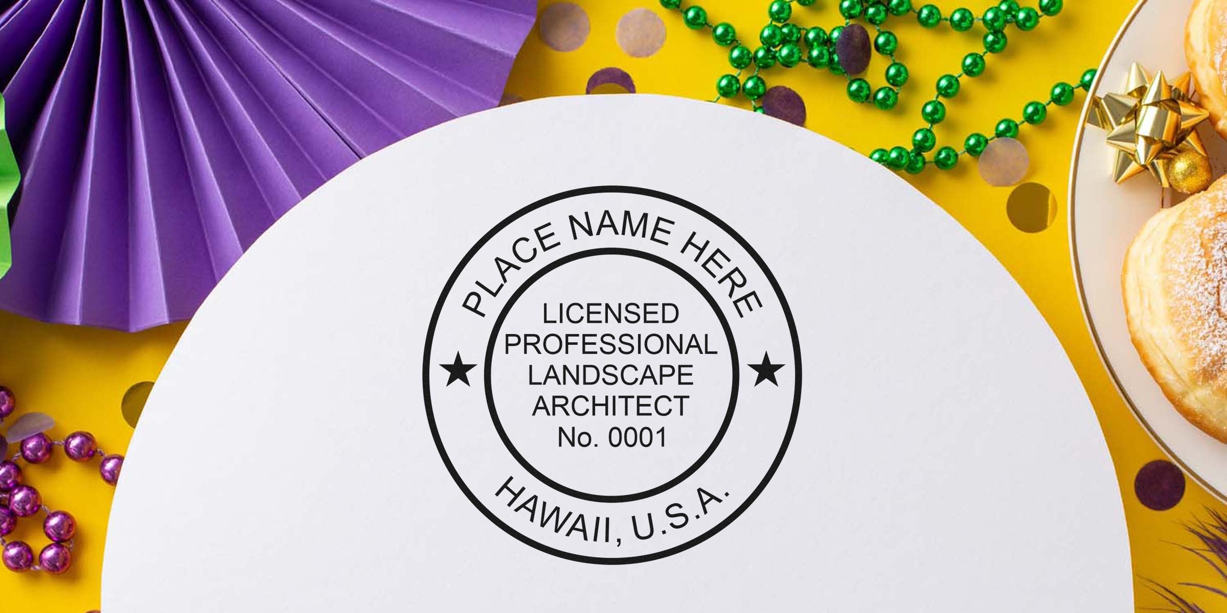Licensed Hawaii landscape architect seal stamped on white paper, surrounded by colorful Mardi Gras decorations and powdered donuts on a yellow background, showing seal dimensions.