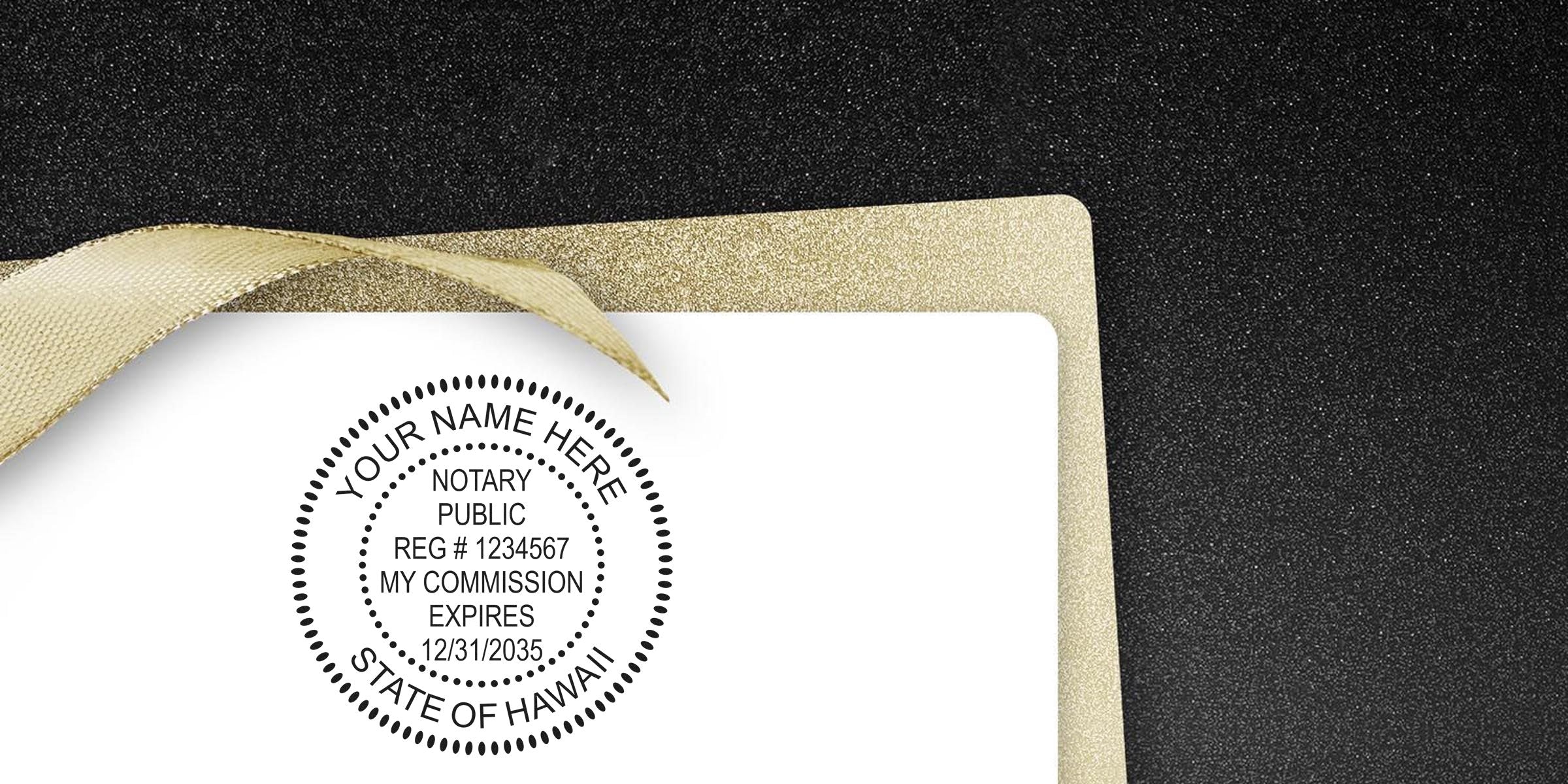 Hawaii notary stamp with gold ribbon on black textured background, showing how to become a notary public in Hawaii and outlining the state's notary public requirements.
