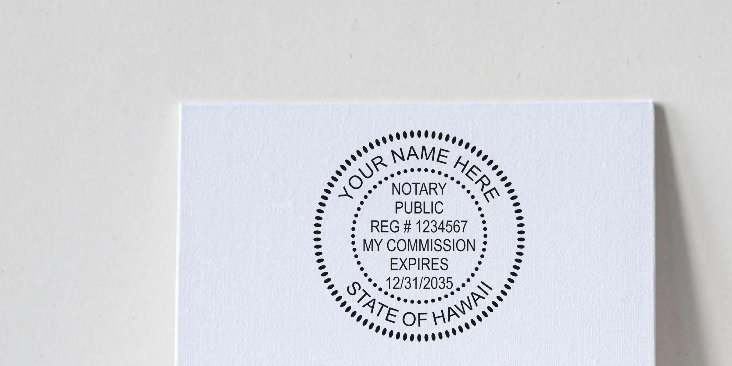 Custom Hawaii notary stamp with commission expiration date and registration number, perfect for Notary Kit Hawaii and starter supplies.