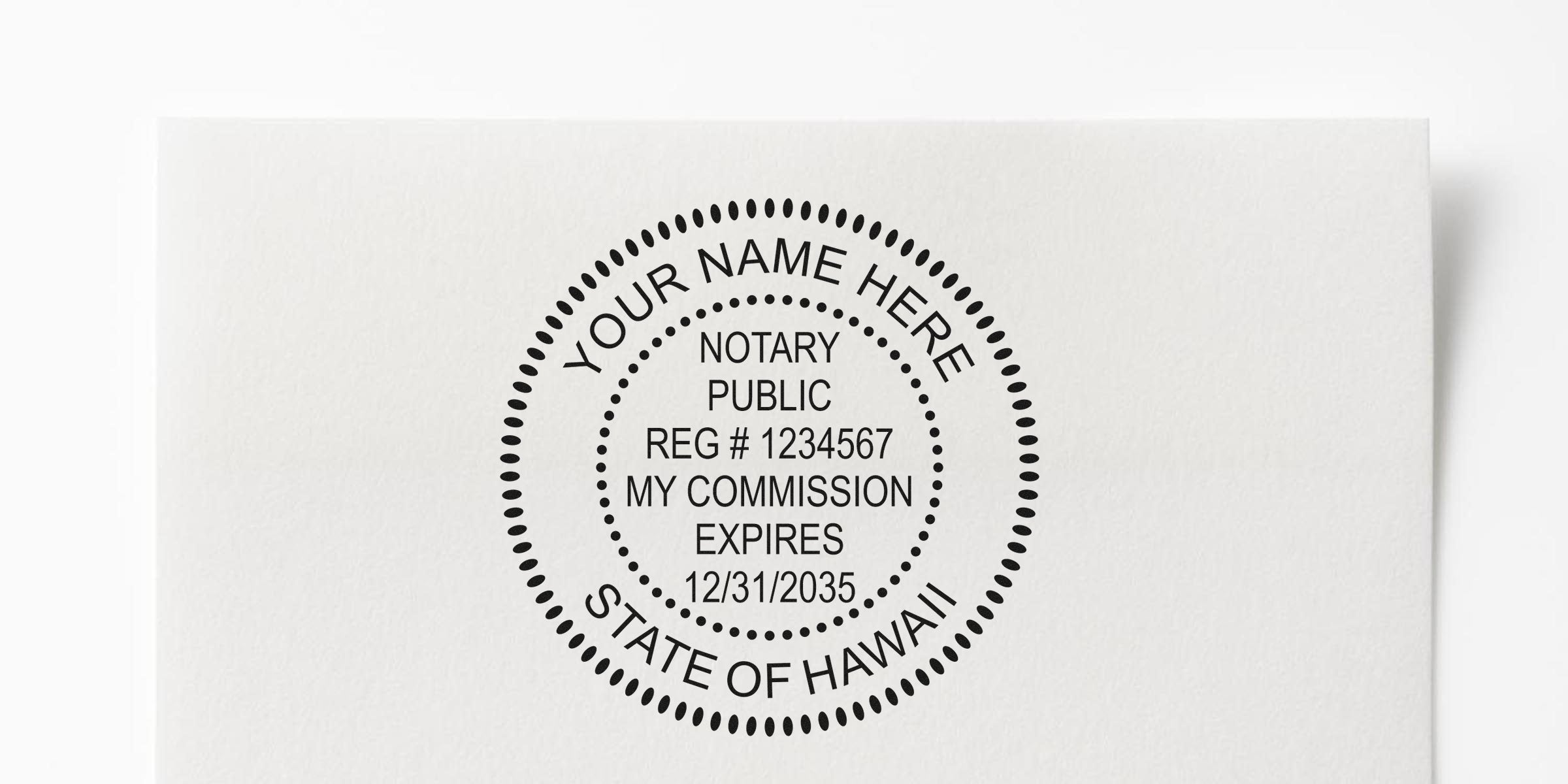 Custom Hawaii notary stamp with commission expiration date on white background, part of new Hawaii notary essentials and supplies.