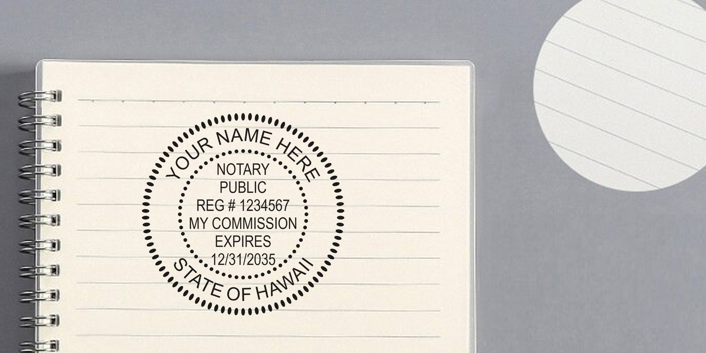 Custom Hawaii notary stamp with commission expiration date on lined notebook page, ideal for aspiring Hawaii notaries.