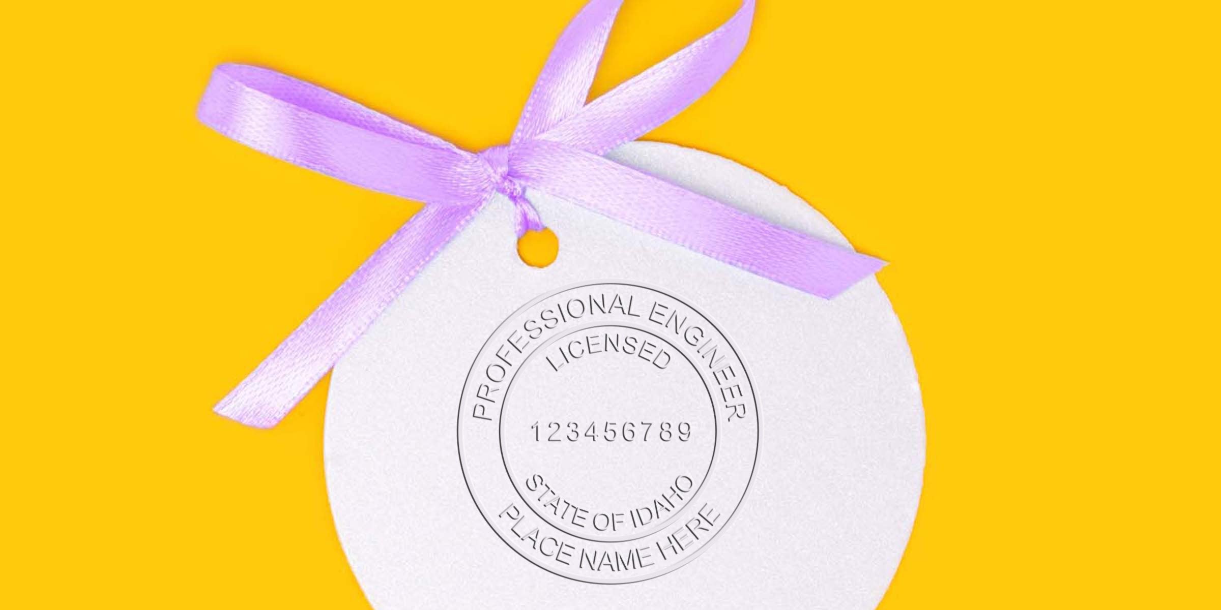 Idaho engineer seal with purple ribbon on yellow background, symbolizing engineer embosser.