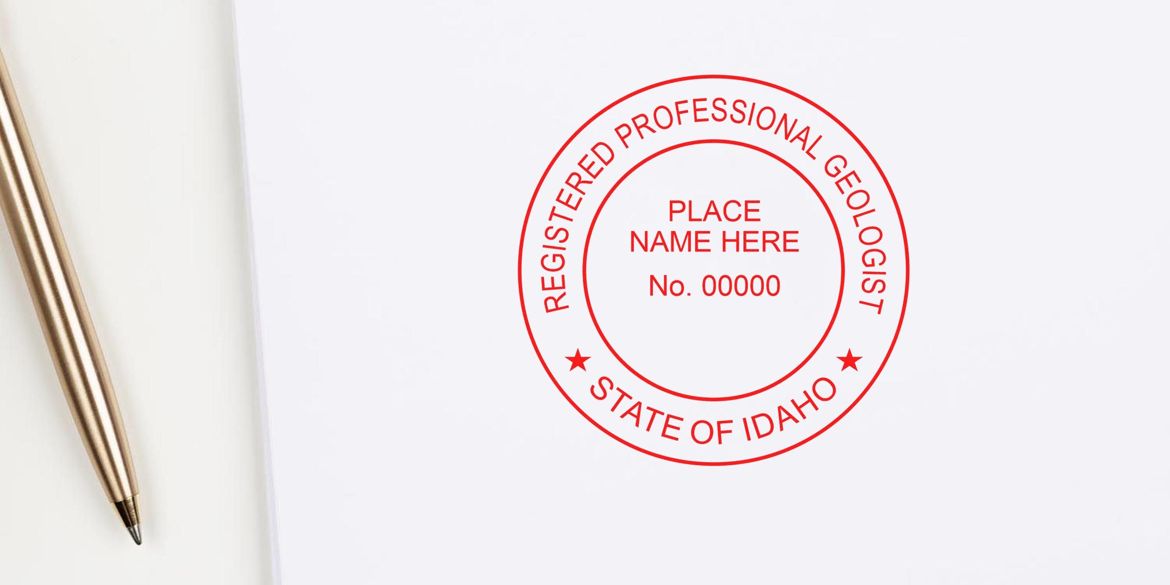 Idaho professional geologist seal stamped with gold pen on white paper, highlighting costs and fees for Idaho geologist certification stamps.